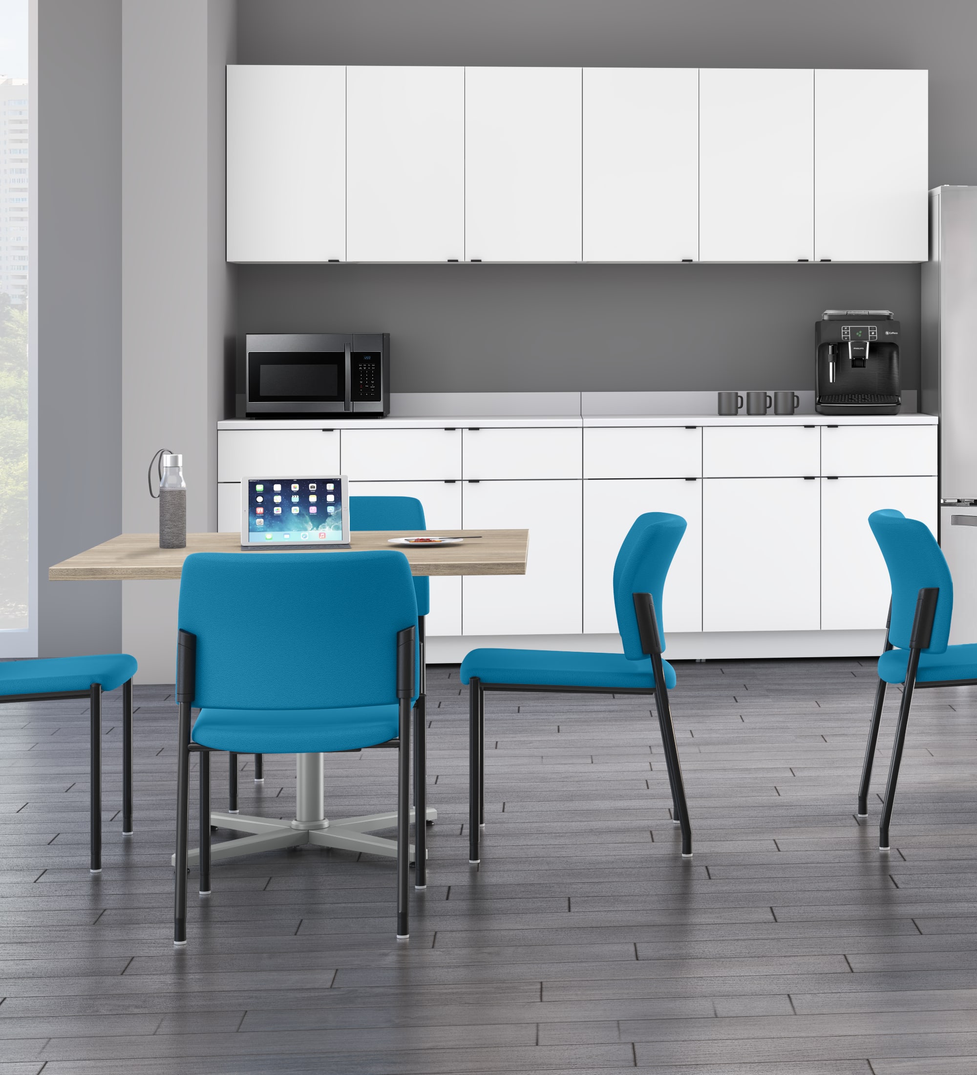 A cafe space featuring Accommodate chairs and stools with Arrange tables.