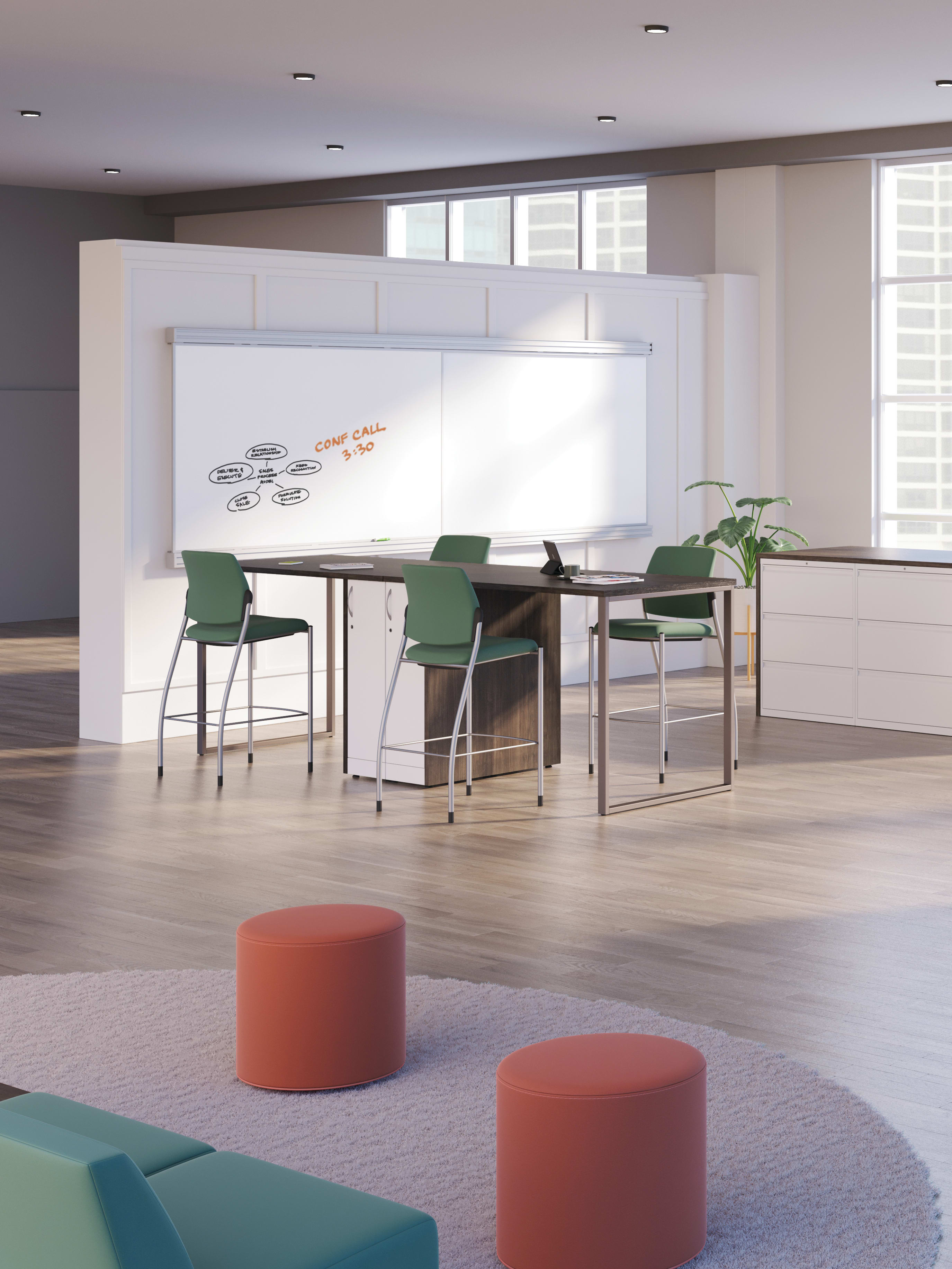 Ignition café height stools shown at café height Storage Islands with Flock lounge seating.