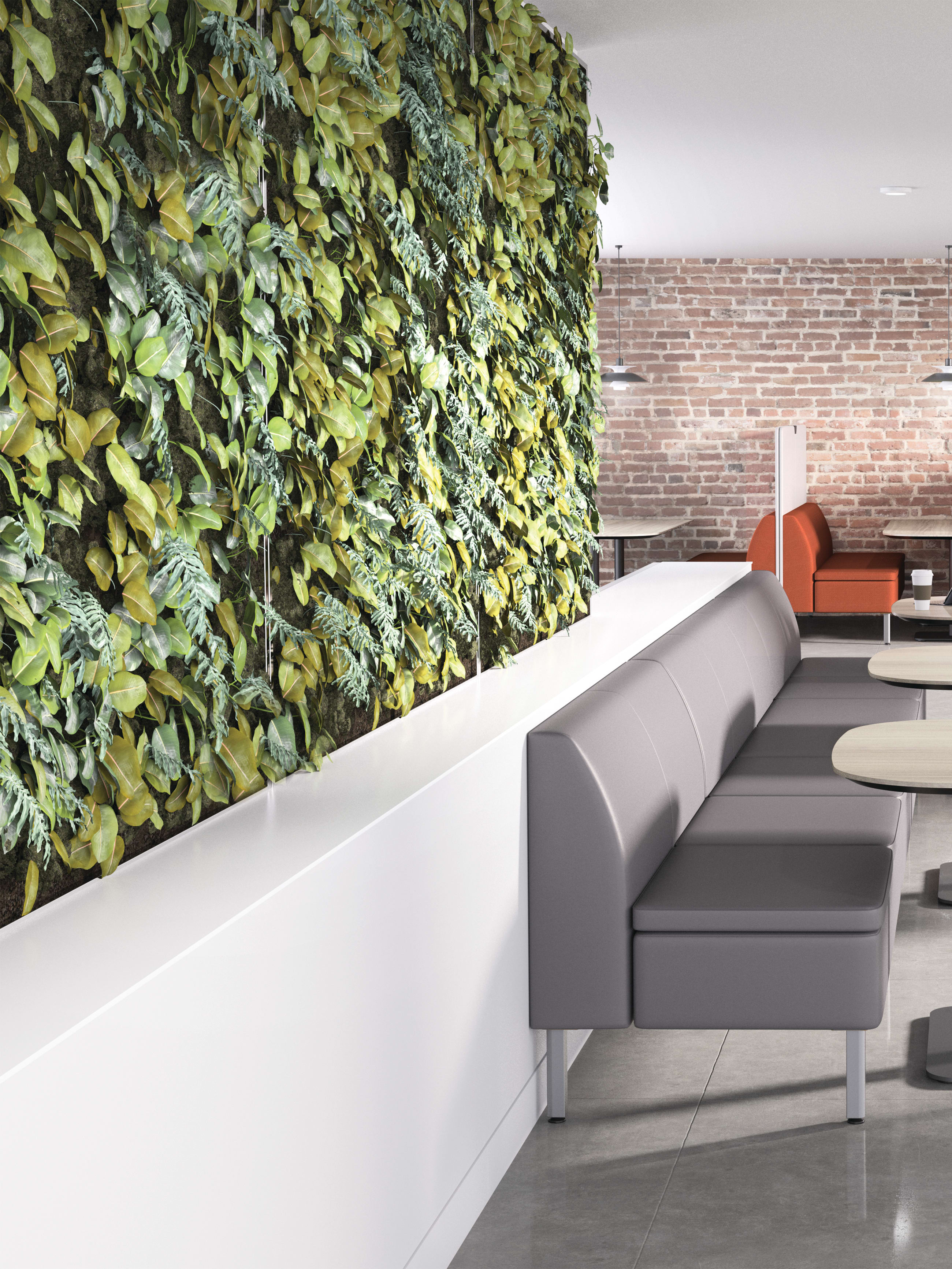 Astir one+ seat, low-back, contrasting fabric with SCFSFTN61 Full Turn Pod seat upholstery, SCFSRTZ00 Ritz Leaf body upholstery, and P8V Textured Titanium finish Astir two+ seat, low-back with UR21 Contourett Steel upholstery and P8V Textured Titanium finish Astir three+ seat, low-back with UR21 Contourett Steel upholstery and P8V Textured Titanium finish Astir three seat lounge high-back screen with PURL09 Purl Shuttle upholstery and P8V Textured Titanium finish Birk soft square tops with knife edge with LKI1 Kingswood Walnut laminate Birk single pedestal, medium with P7A Textured Charcoal finish Birk booth tops with knife edge with LKI1 Kingswood Walnut laminate Birk double pedestal, medium with P7A Textured Charcoal finish Ruch wood shell chair with LKI1 Kingswood Walnut laminate and P7A Textured Charcoal finish Astir screen ganging clip