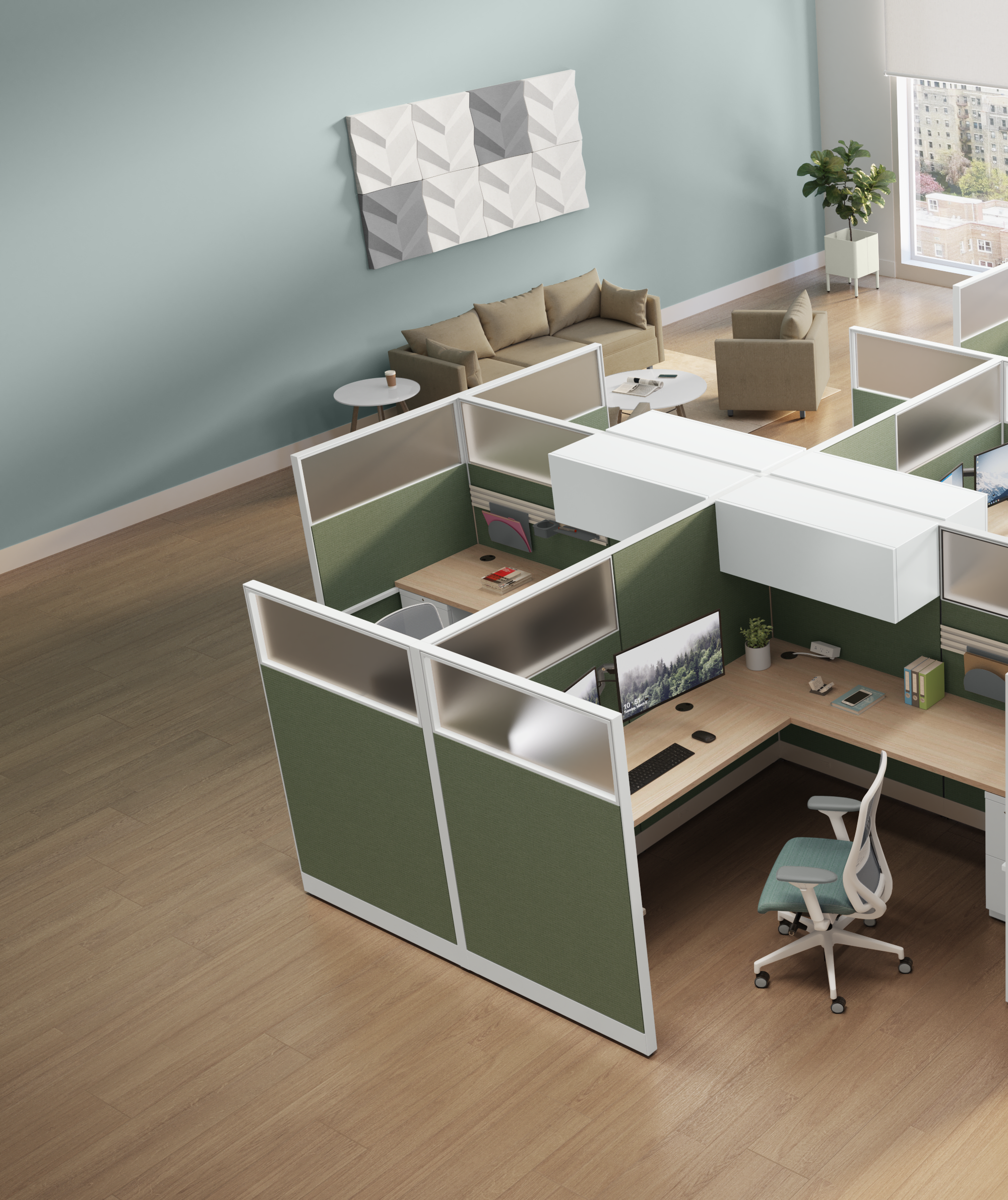 Accelerate panels in VST03 Grasslands and PJW Designer white trim paint; Nucleus with GTWY08 Catamaran seating fabric; Worksurface in LWFE Field Elm laminate; Metal storage in PJW designer white paint
