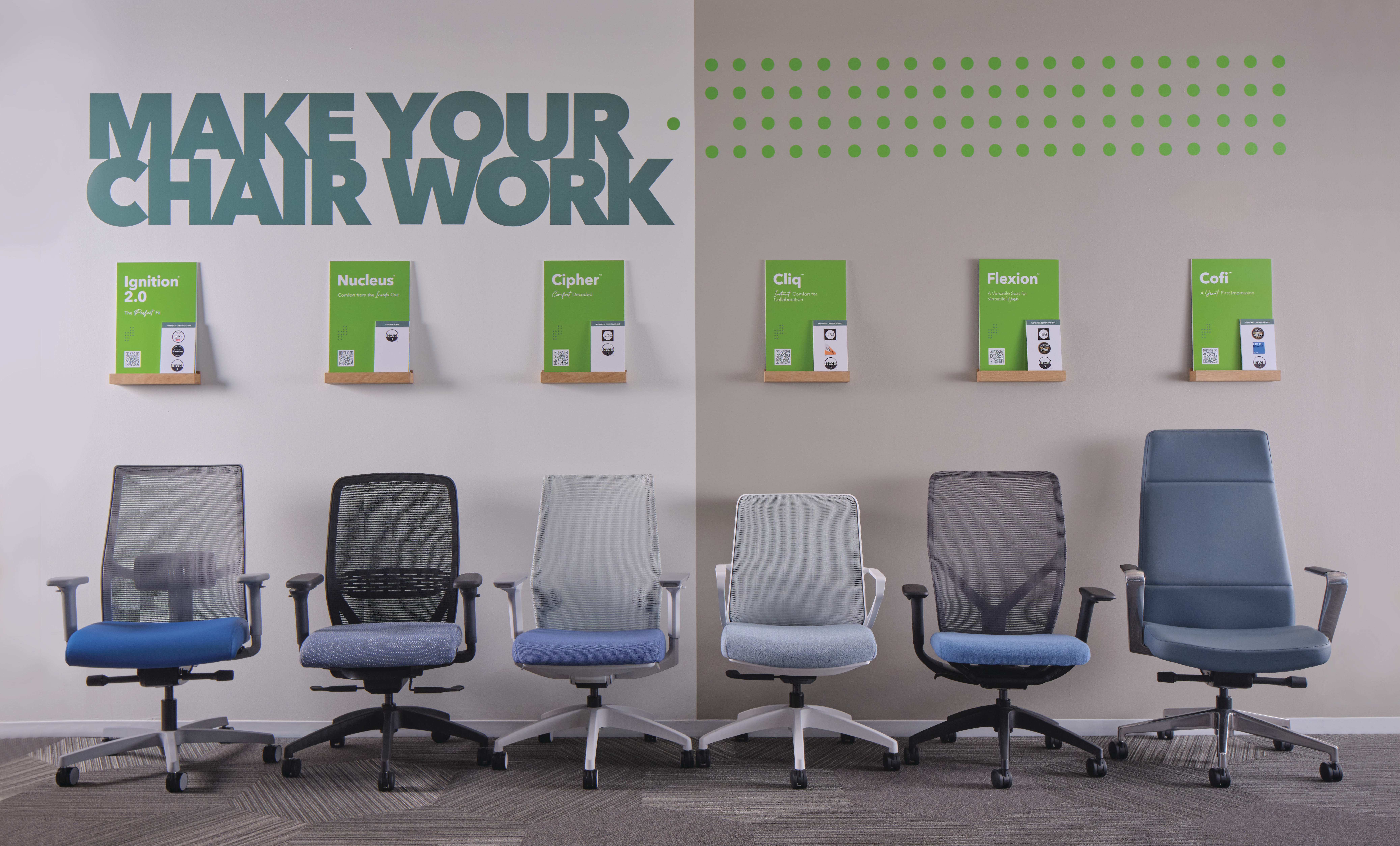 Ignition, Nucleus, Cipher, Cliq, Flexion, and Cofi tasks chairs lined up on chair wall. 