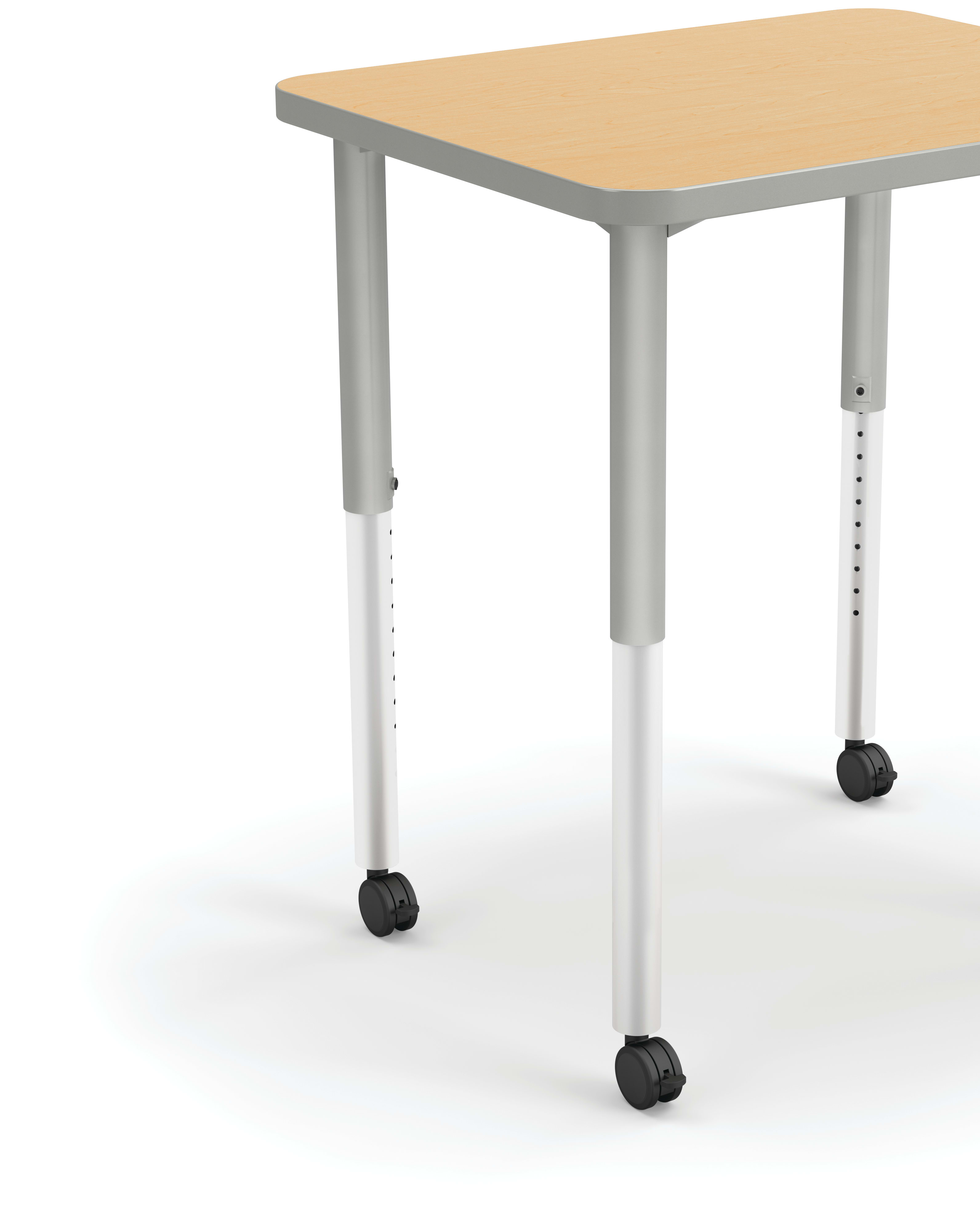 Small rectangular table with a light wood top and height‑adjustable metal legs and casters.