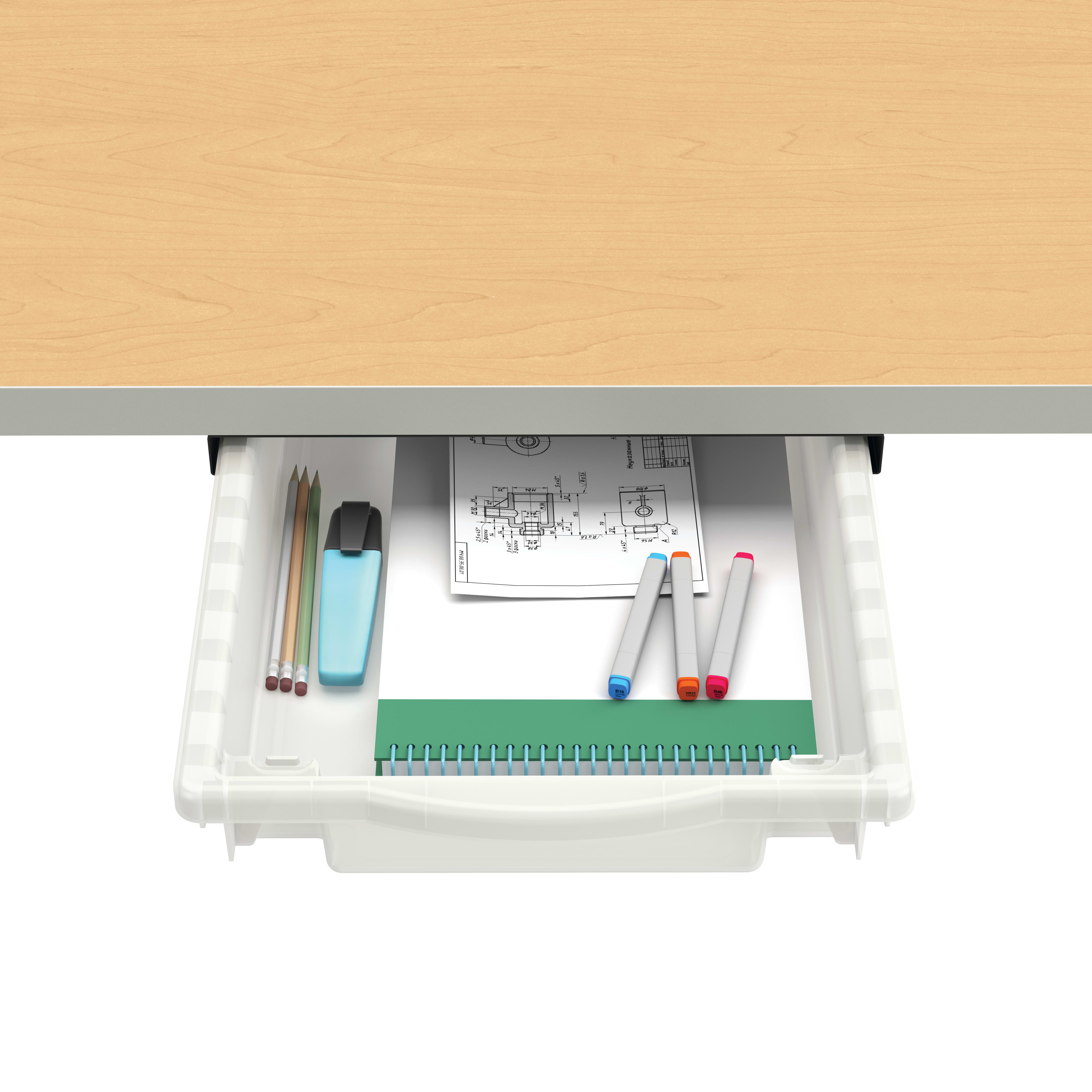 Shallow plastic under‑desk drawer partially open, showing pencils, markers, a highlighter, and documents.