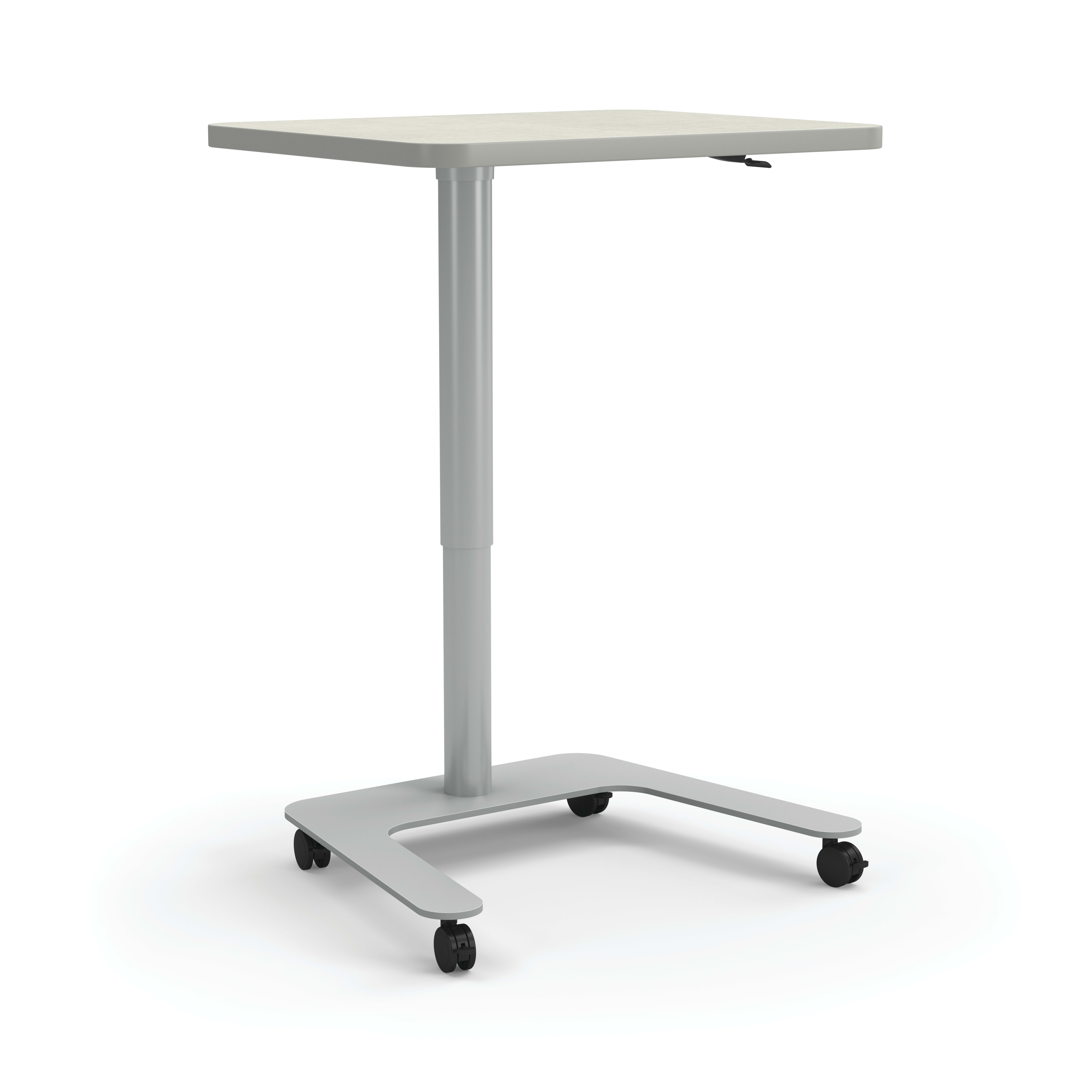 Height‑adjustable mobile table with a square top, single support column, and four caster wheels.