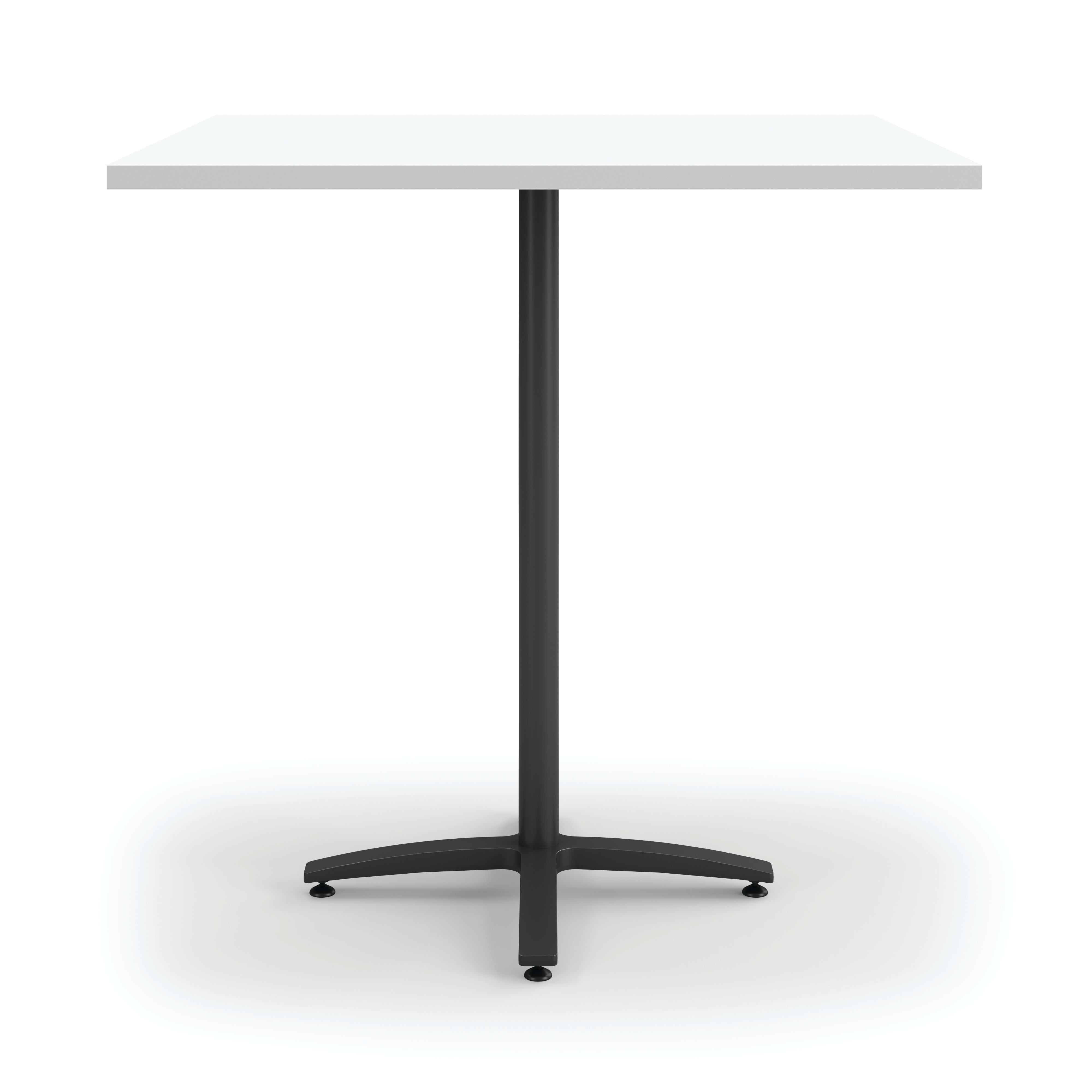 Square-top table with a single center column and four‑footed base.