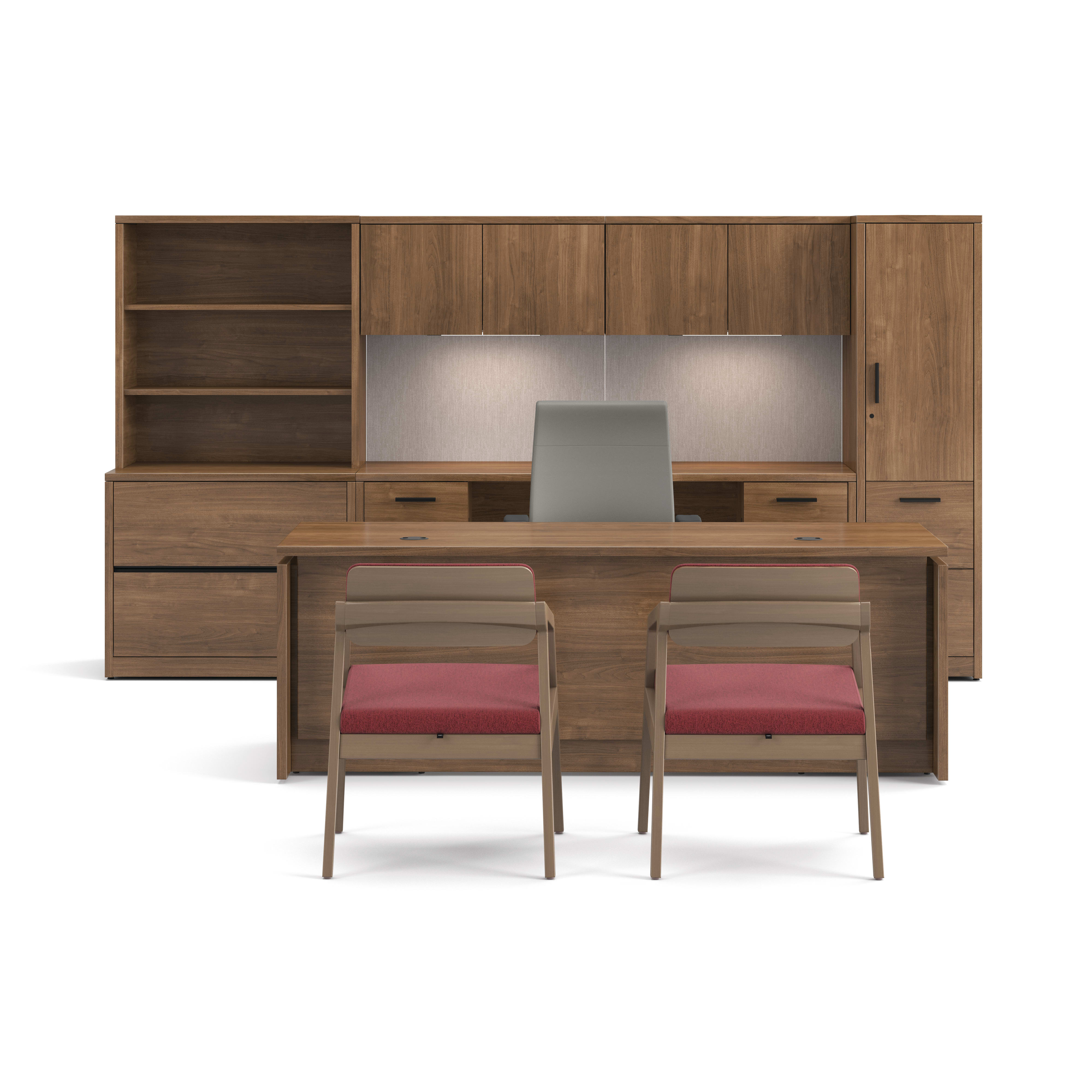 Executive office desk with wood veneer finish, overhead storage cabinets, open shelving, lateral file storage, and two guest chairs.