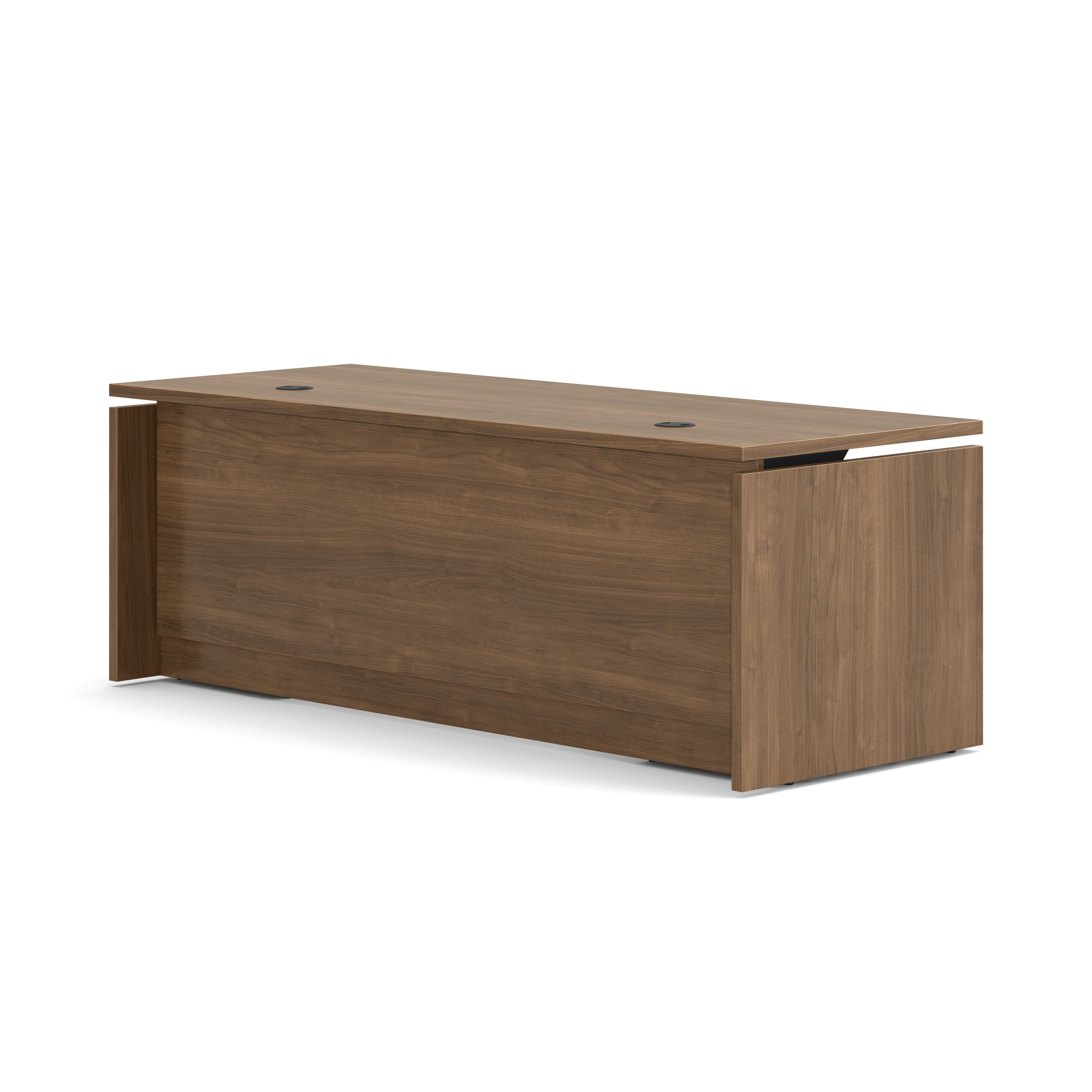 Double pedestal executive desk with woodgrain finish, integrated power access, and built-in file storage.