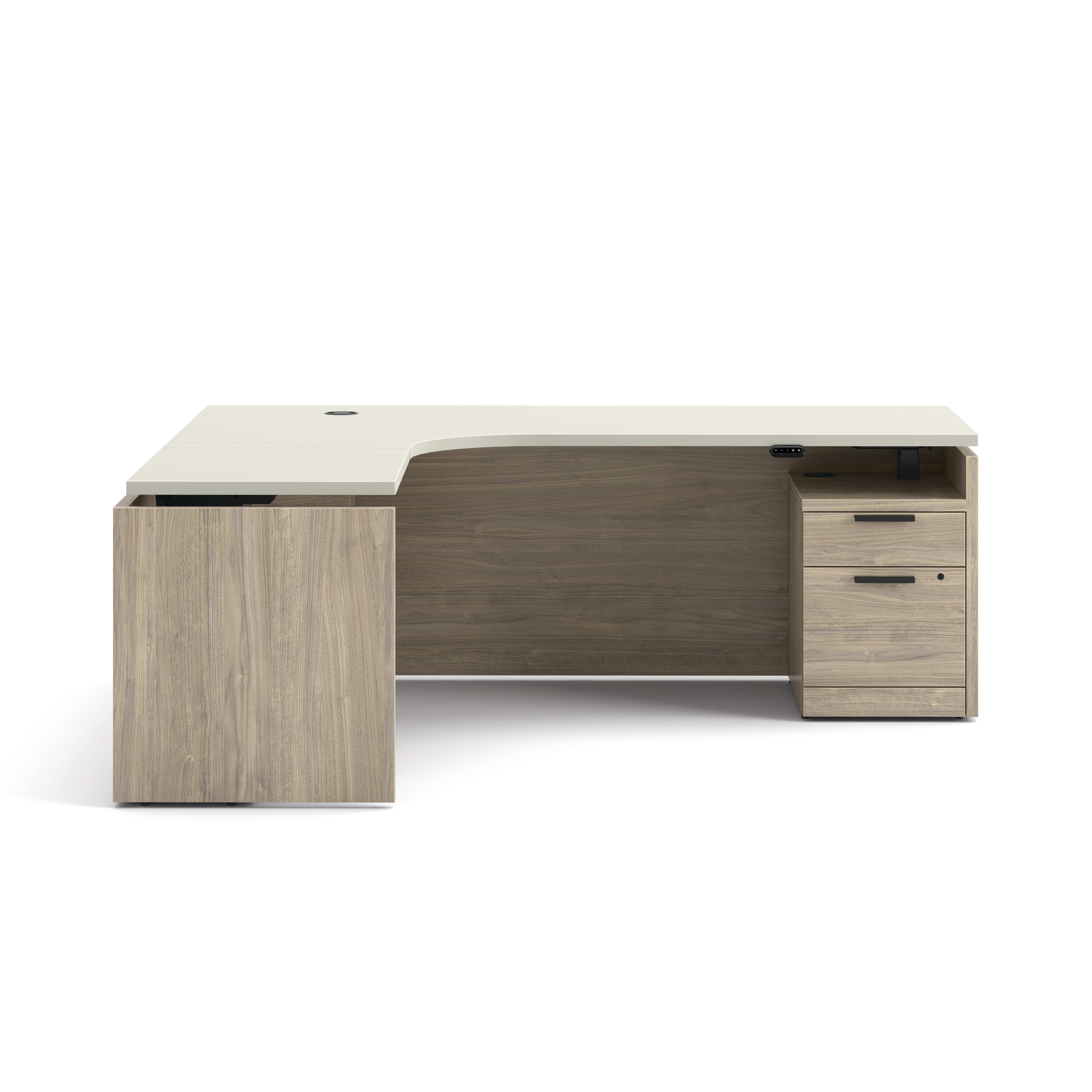 L-shaped executive desk with woodgrain finish, integrated power access, and pedestal storage in a modern two-tone design.