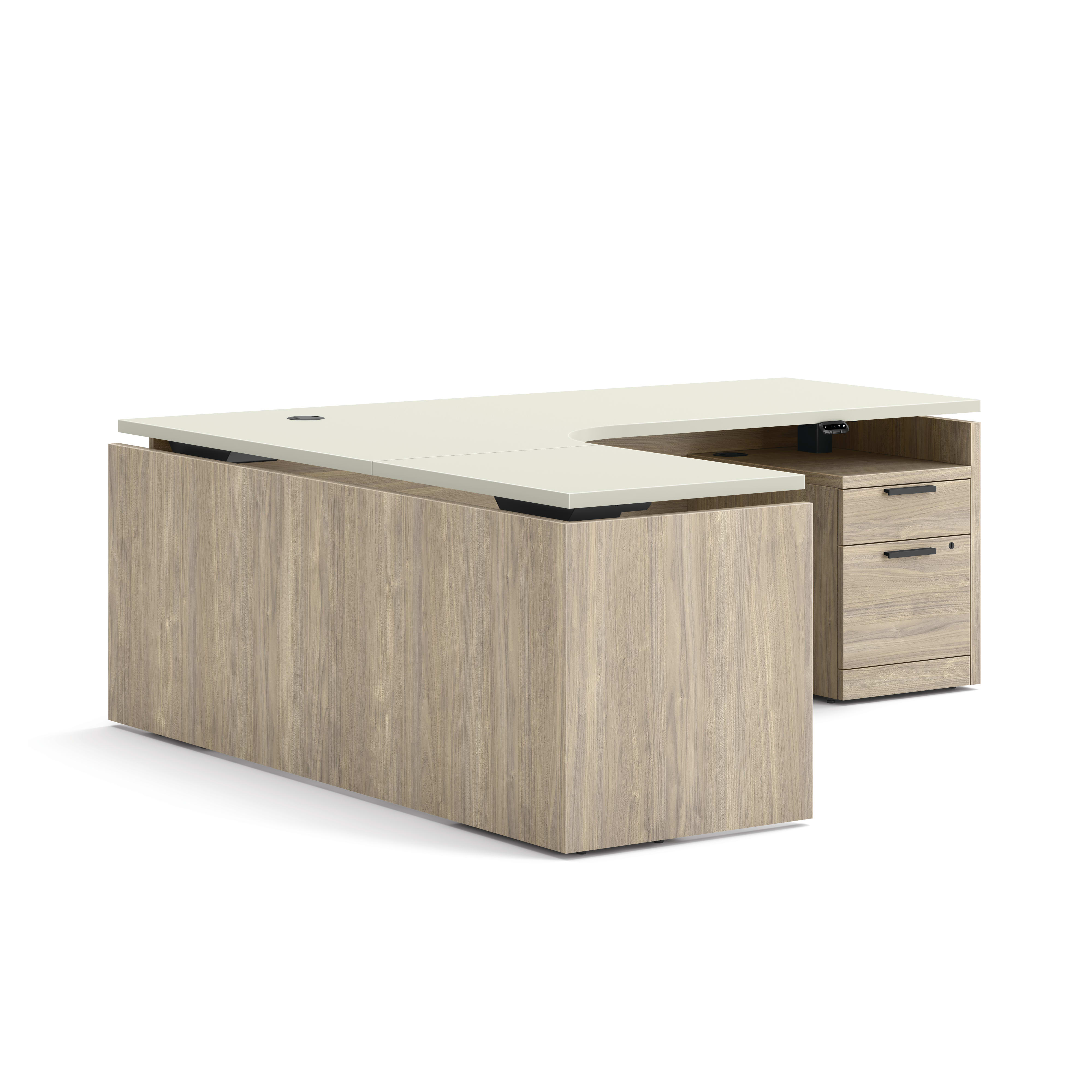 L-shaped executive desk with woodgrain finish, integrated power access, and pedestal storage in a modern two-tone design.