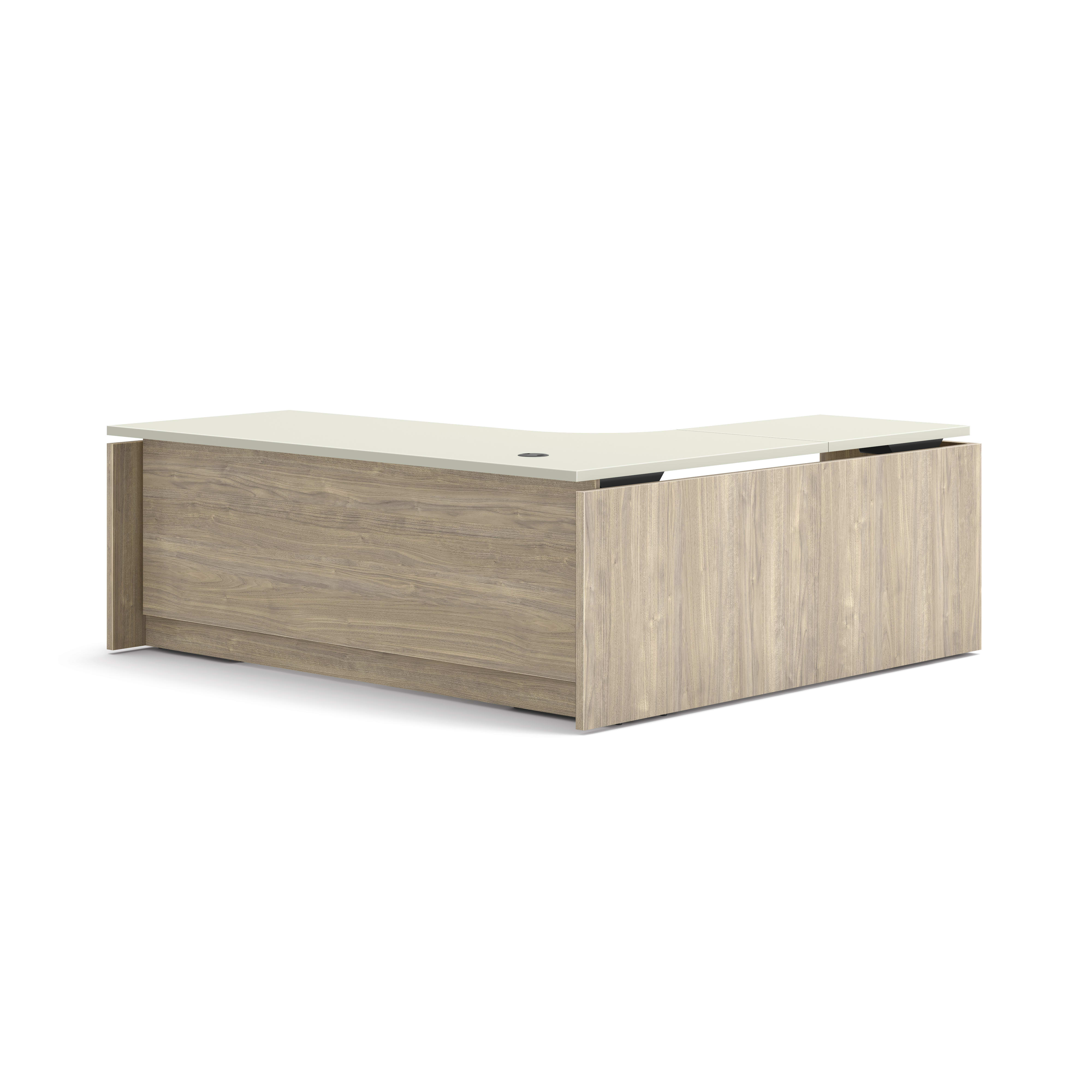L-shaped executive desk with woodgrain finish, integrated power access, and pedestal storage in a modern two-tone design.