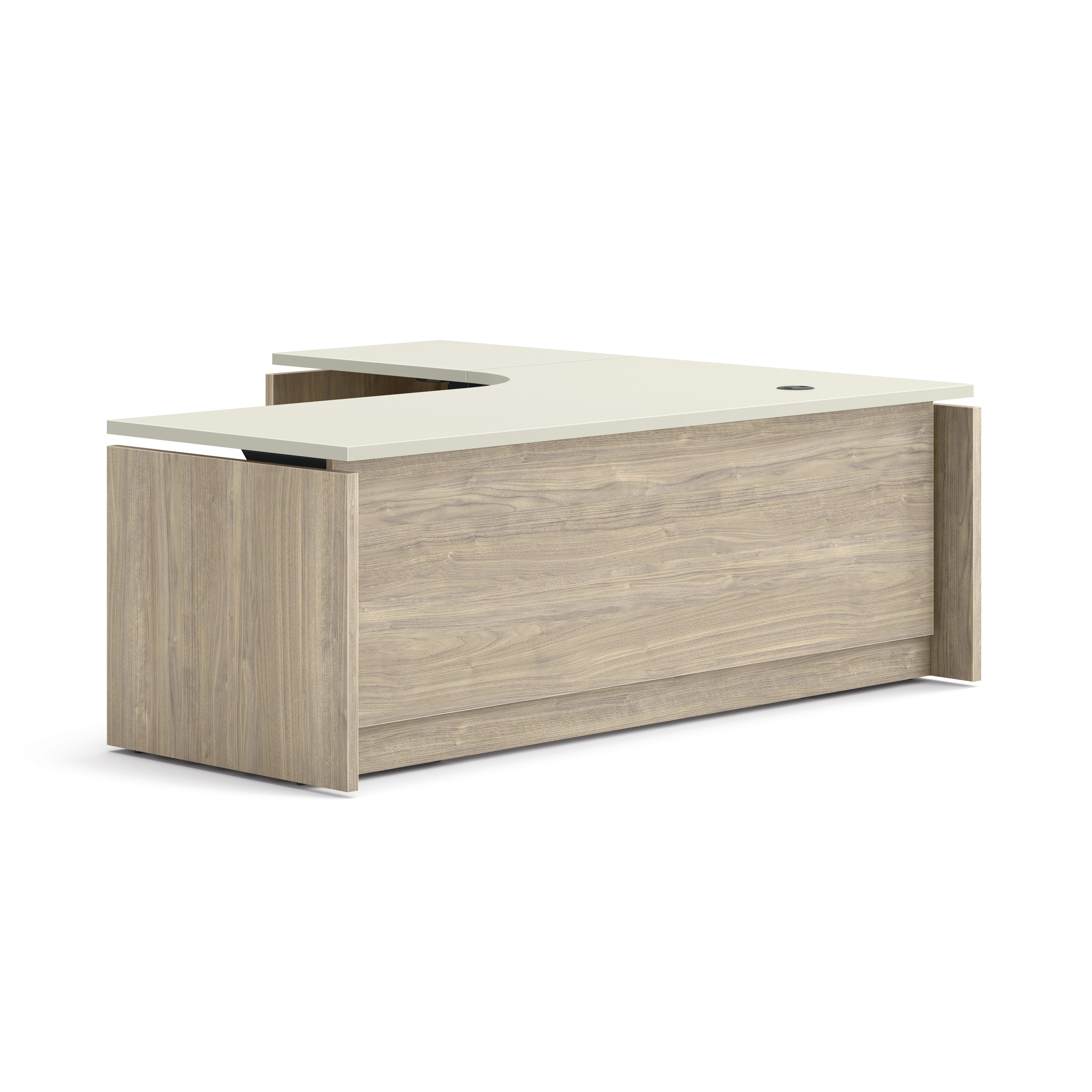 L-shaped executive desk with woodgrain finish, integrated power access, and pedestal storage in a modern two-tone design.