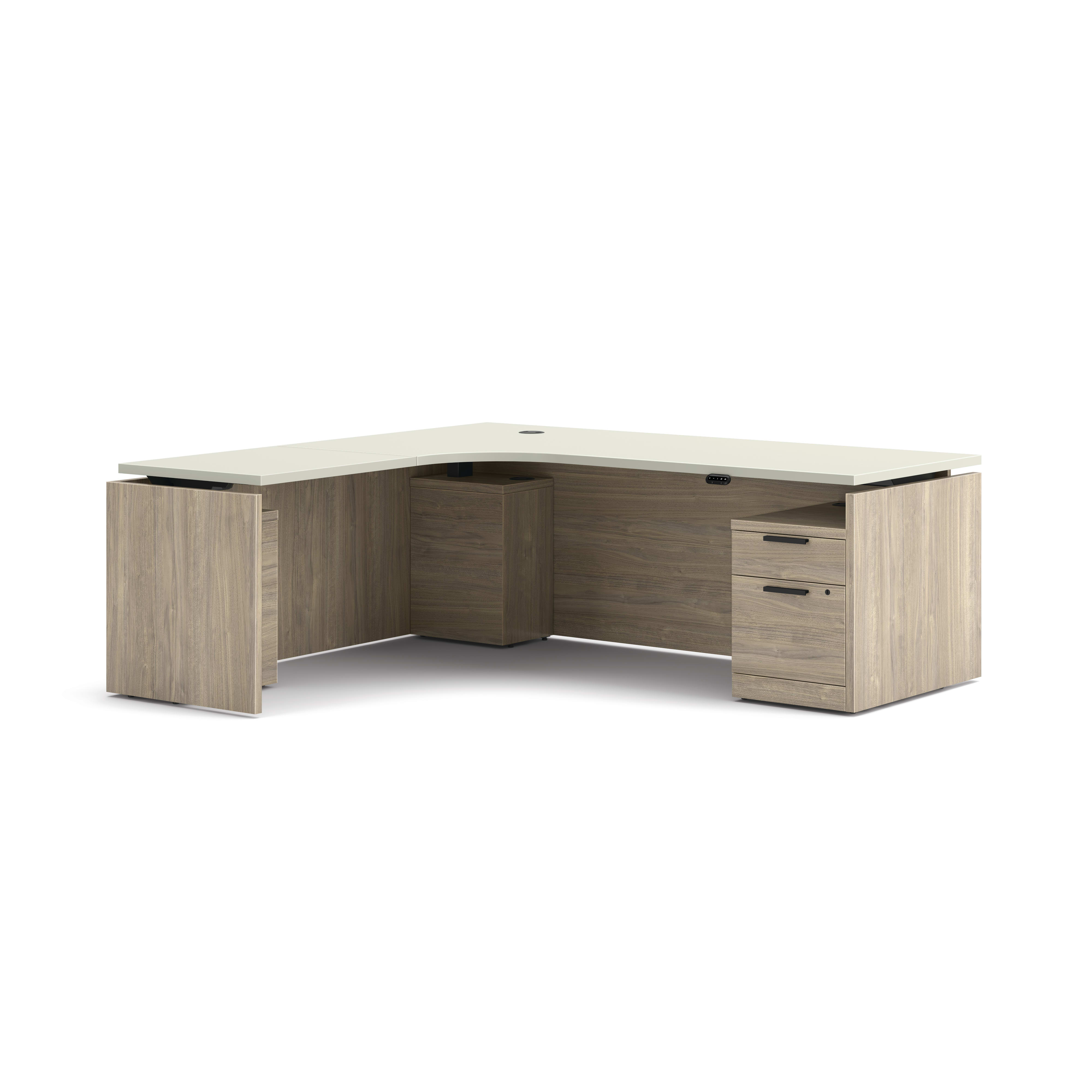 L-shaped executive desk with woodgrain finish, integrated power access, and pedestal storage in a modern two-tone design.