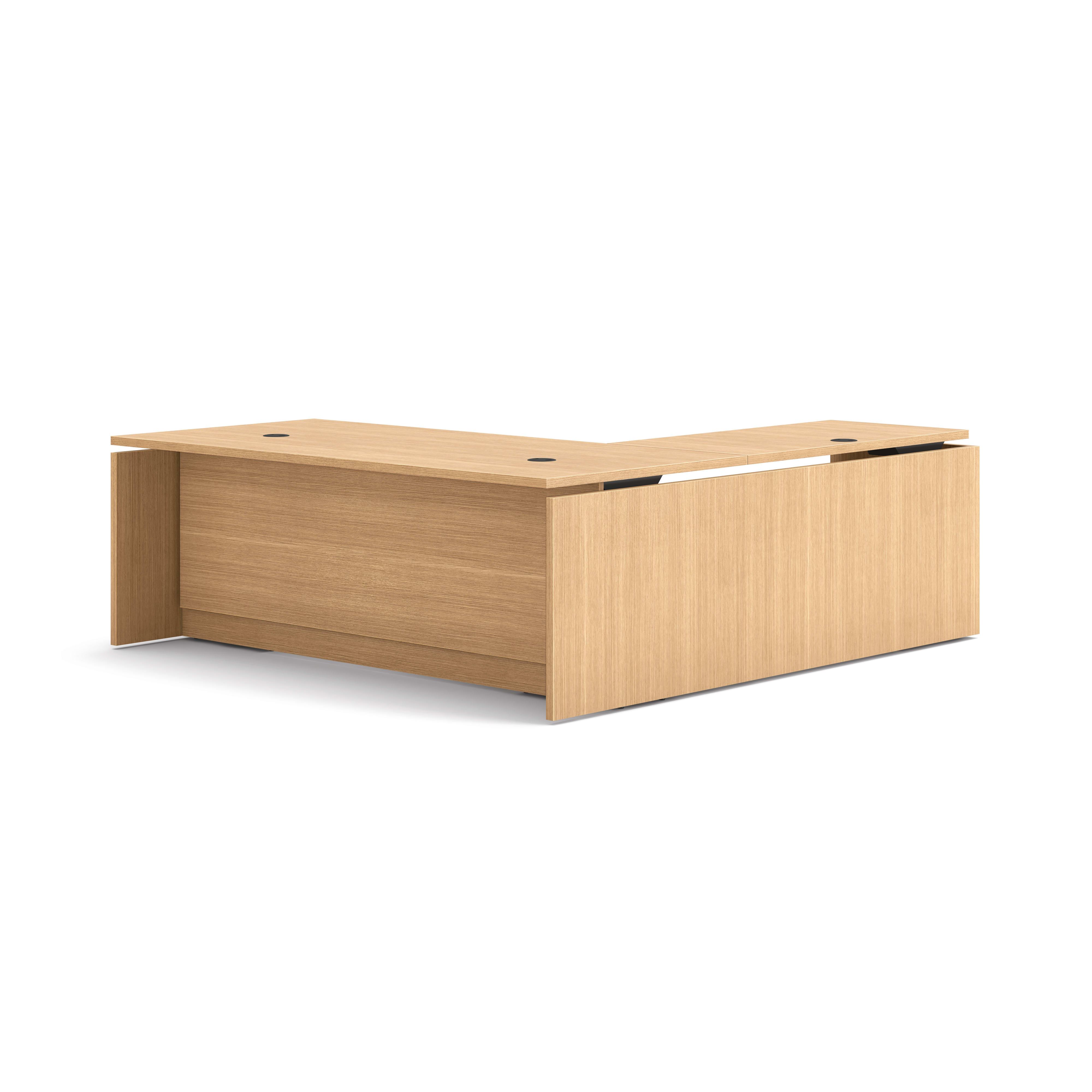 L-shaped executive workstation with woodgrain finish, integrated power access, and pedestal file storage.
