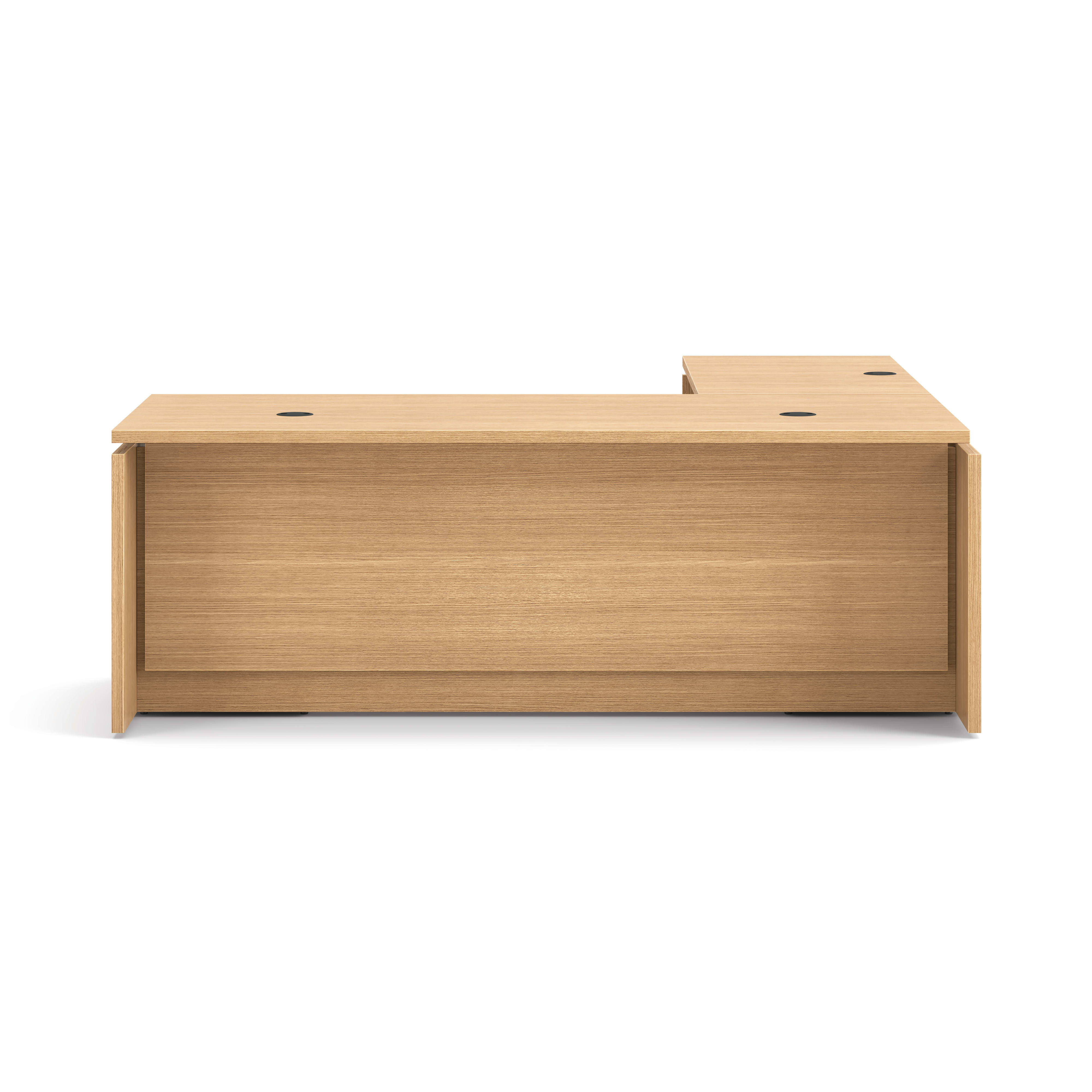 L-shaped executive workstation with woodgrain finish, integrated power access, and pedestal file storage.