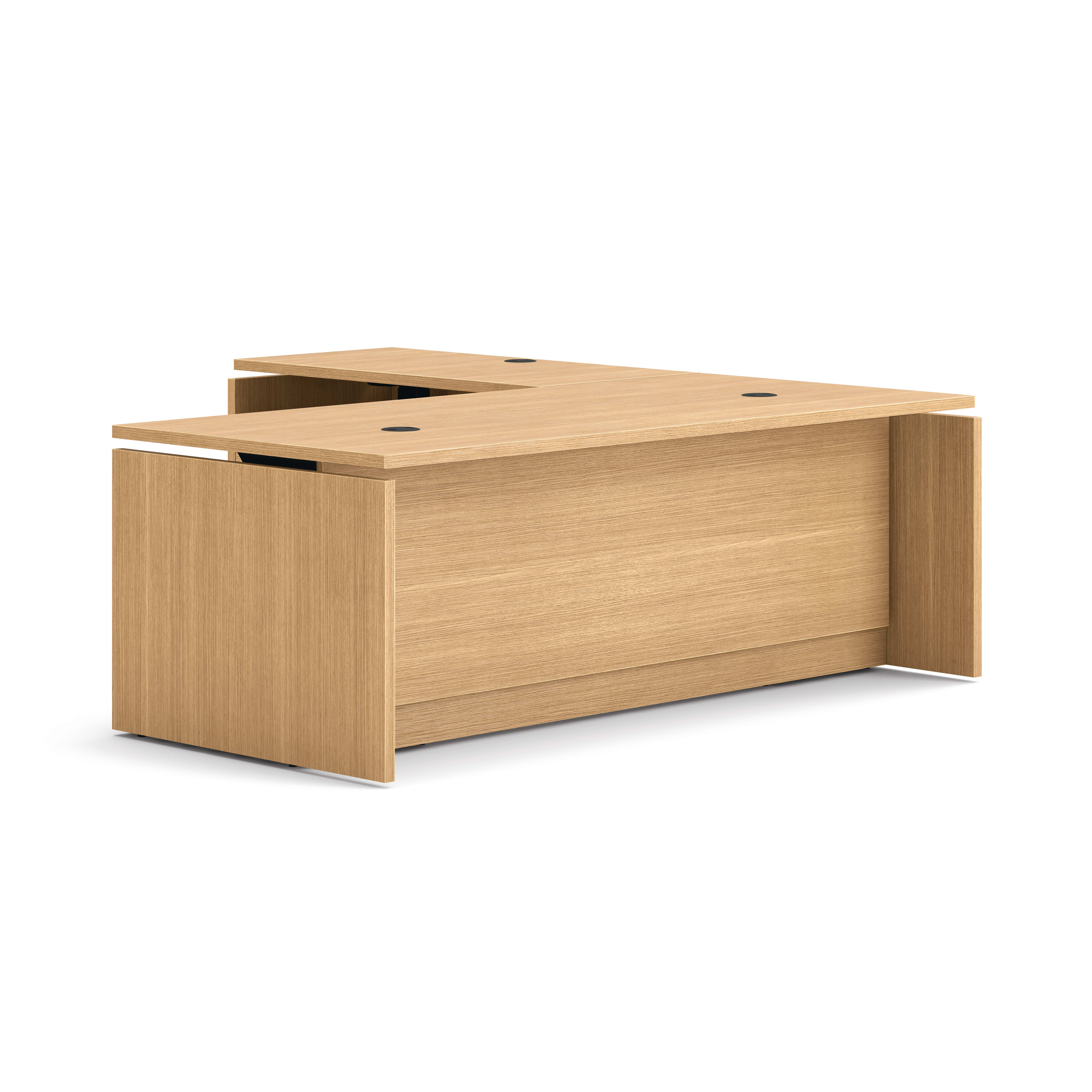 L-shaped executive workstation with woodgrain finish, integrated power access, and pedestal file storage.