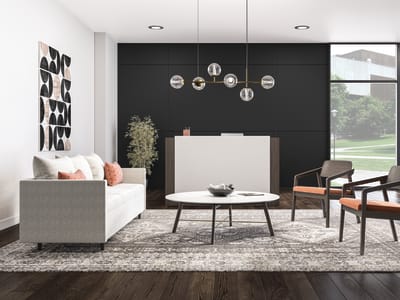 Confer guest chairs with Three Seat West Hill lounge and Scramble Laminate Knife Edge Coffee Table.