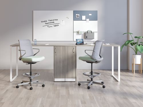 Cliq Stools with Storage Islands and Contain Storage, and Work Wall Tiles.