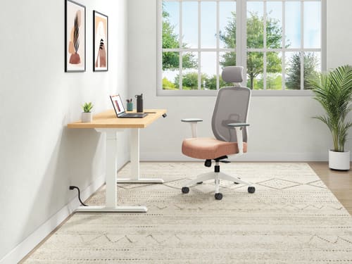 Height adjustable desk and task chair in a home office 