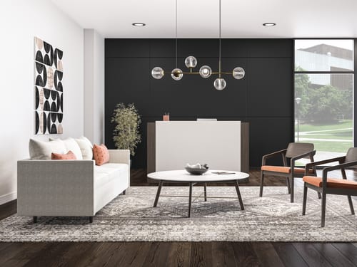 Confer guest chairs with Three Seat West Hill lounge and Scramble Laminate Knife Edge Coffee Table.