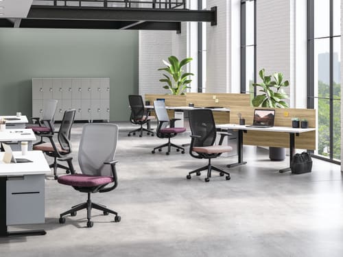 Touchdown workstations with Flexion task seating and Contain lockers in background.