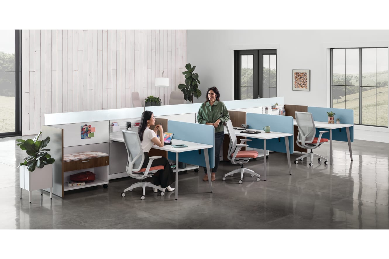 Flexion Seating with Abound Workstations, Contain Mobile Credenzas, Sculpt planters, West Hill and Mav Collaborative Seating