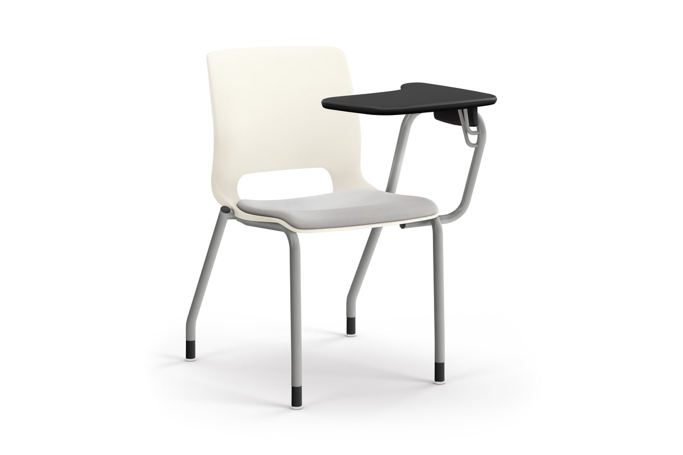 Modern classroom chair with attached writing tablet, metal frame, and cushioned seat.