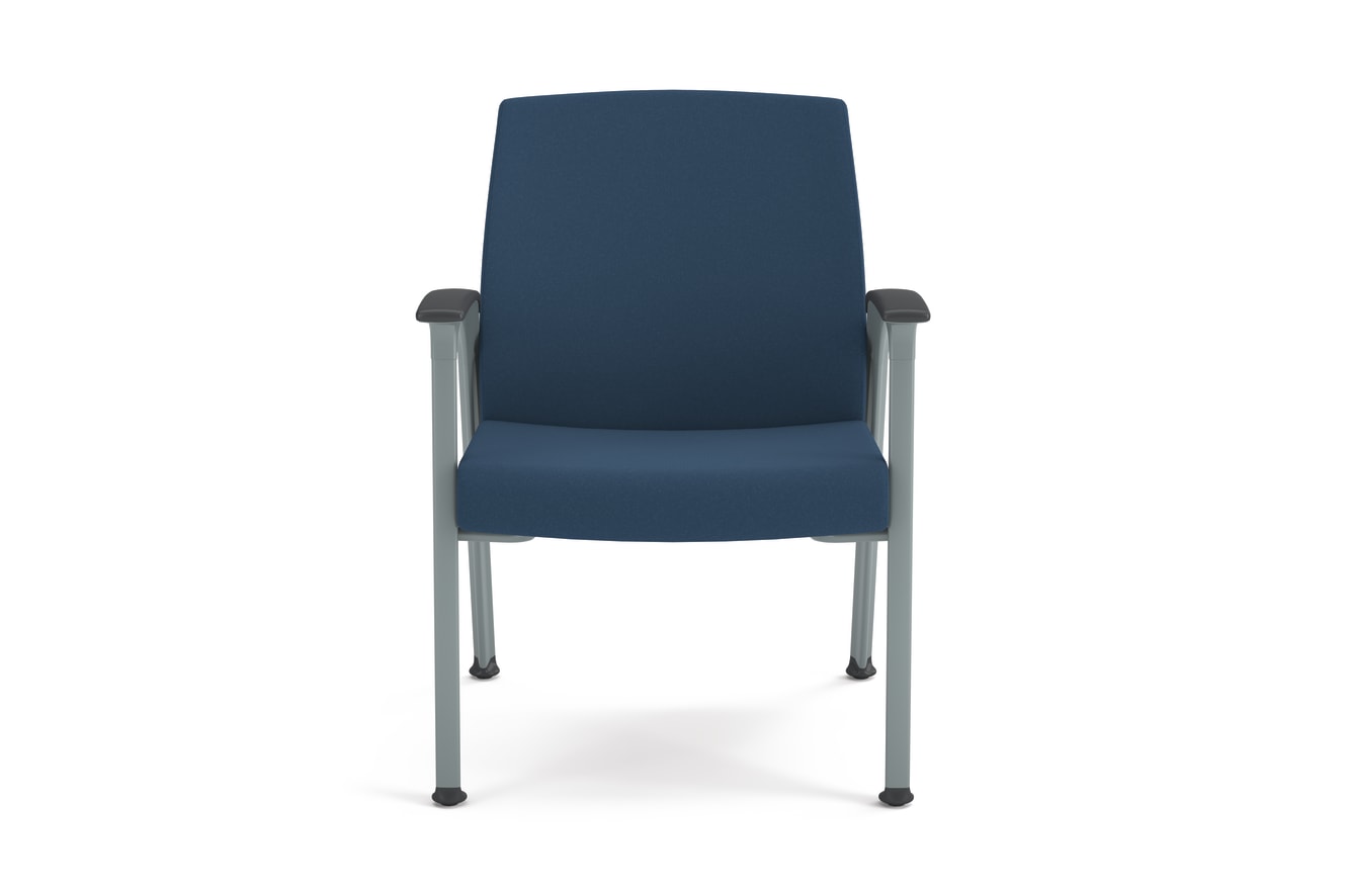 Blue cushioned guest chair with textured fabric, metal frame, and integrated armrests, designed for modern office or waiting areas.