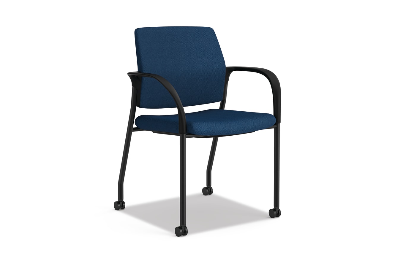 A right three-quarter view of an Ignition HIGS6 multi-purpose chair with blue fabric and black frame.