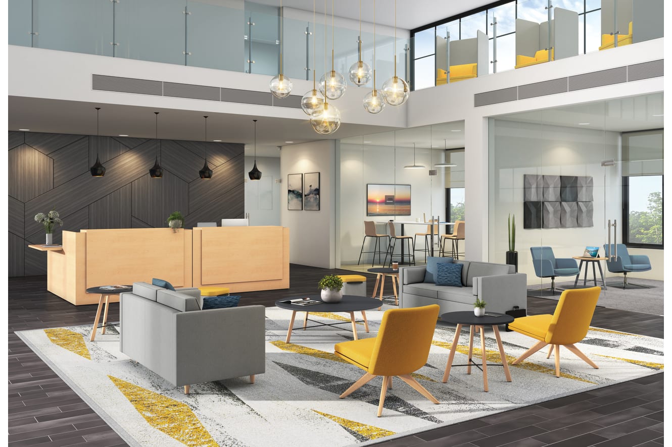 Mav 4-leg chairs, West Hill 2-Seat Lounge, HON Throw Pillows, 10500 Series Reception Station, Scramble End Tables and Coffee Tables, Ignition Task Chair. UV by HON Acoustic Matrix Wall Tiles. Astir High Back One+Seat Lounge.