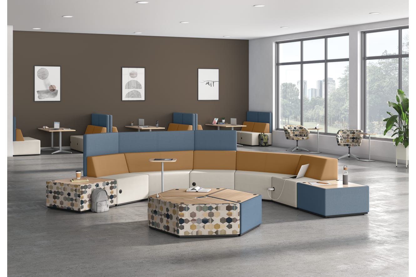 A café/commons environment featuring Tangram and Flock seating with Birk and Preside tables.
