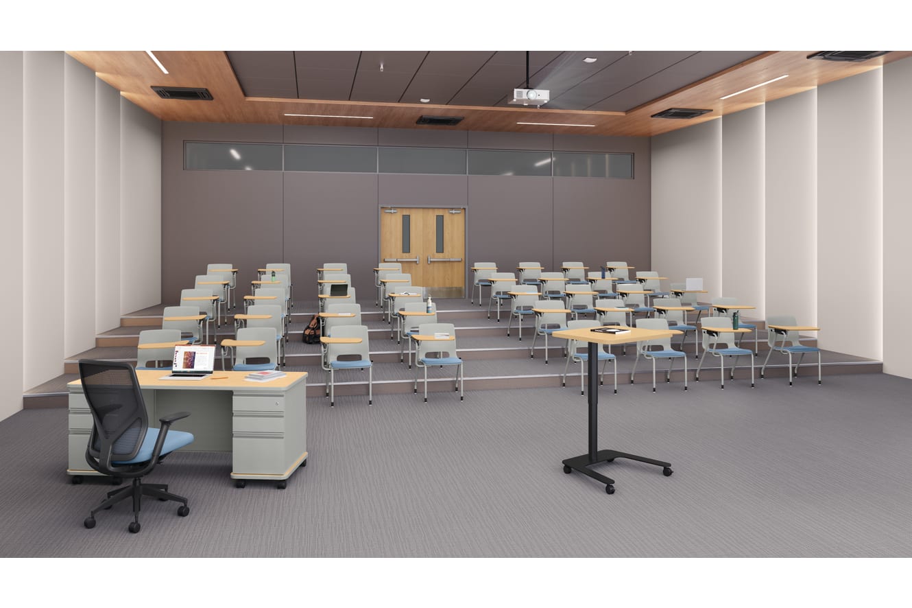 A classroom setting featuring Motivate chairs with tablet arms and SmartLink teacher desk.