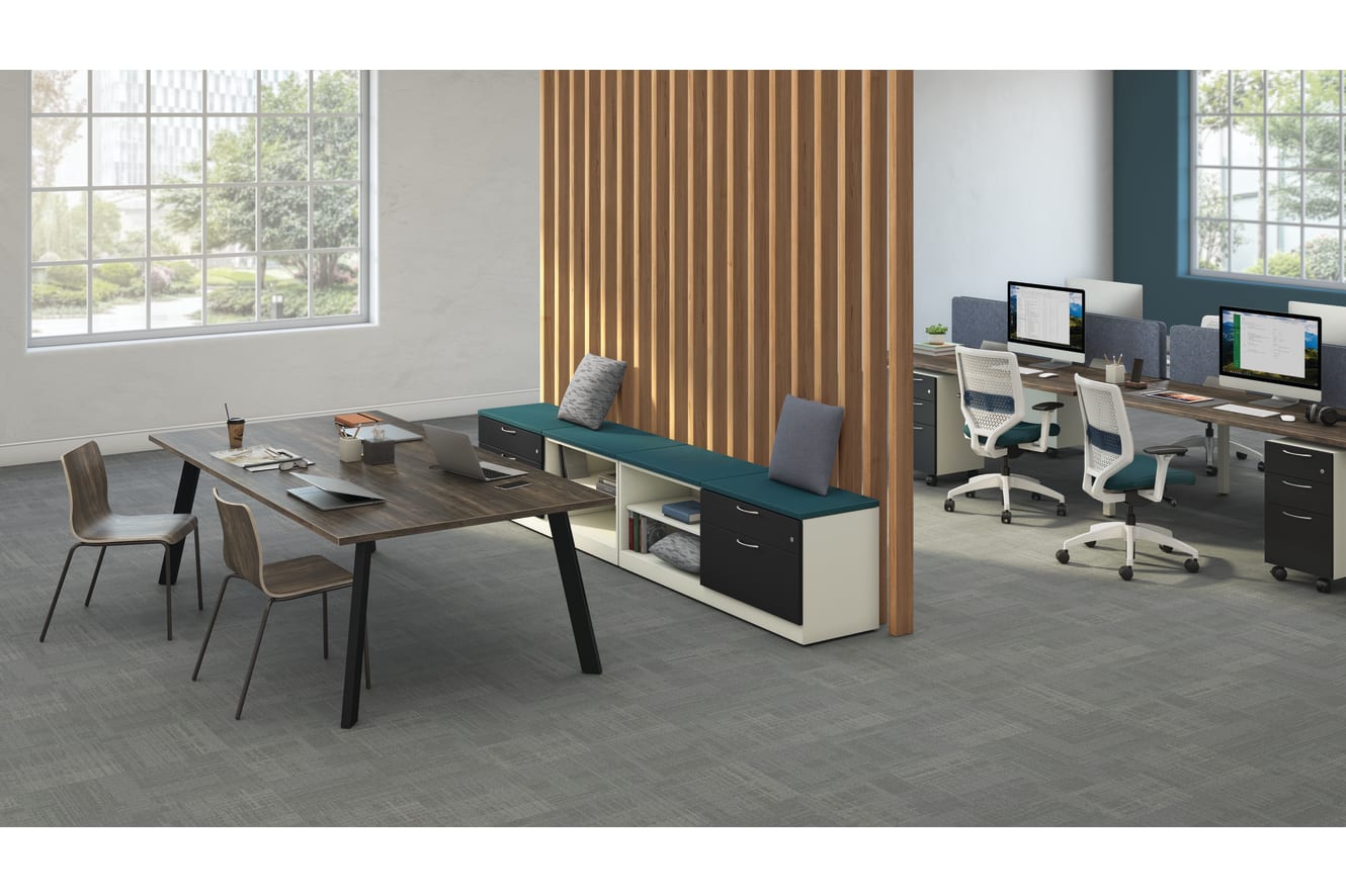 Contain Credenza with Preside Table, Ruck seating and Empower Workstations.