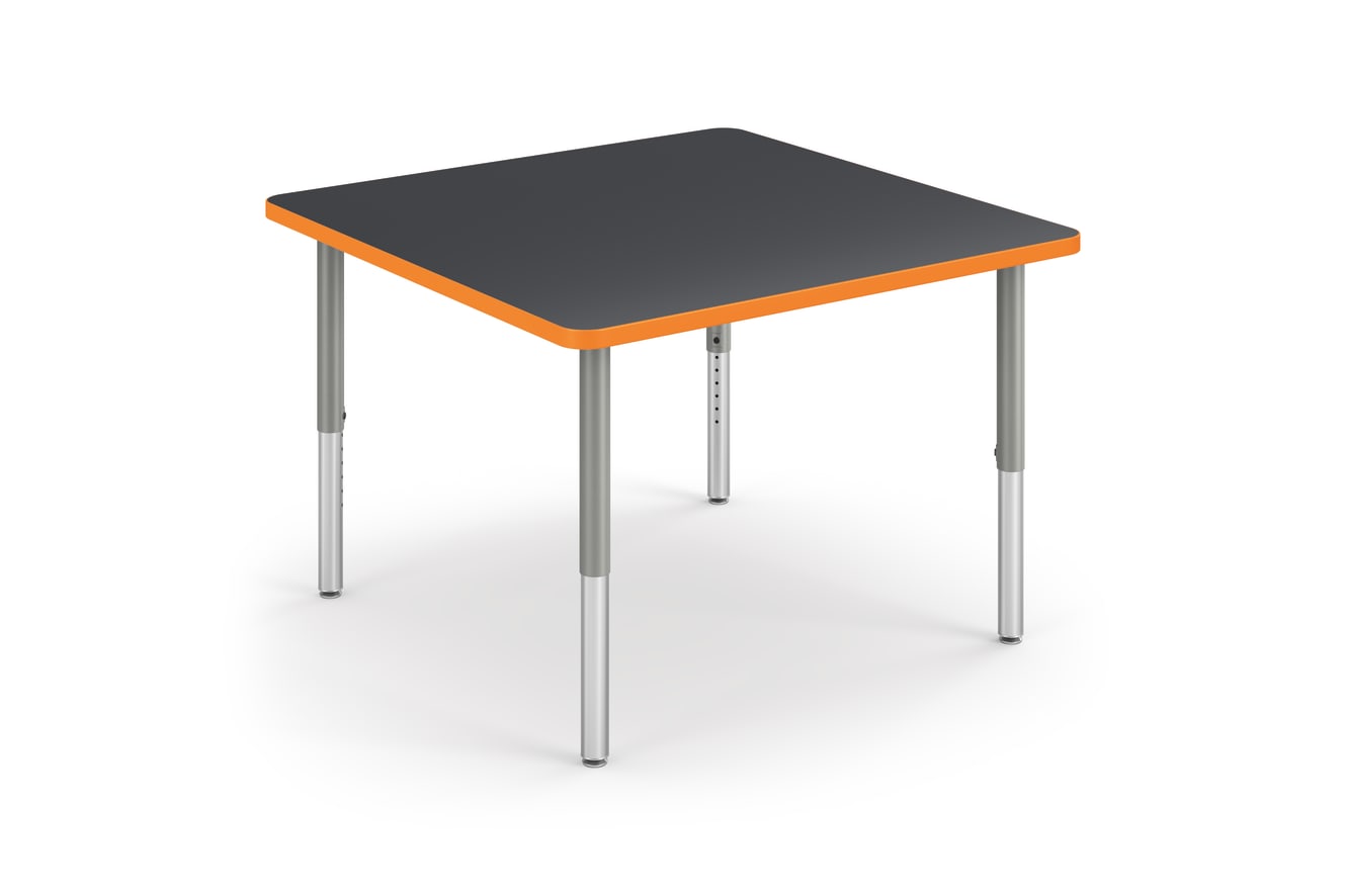 Right 3/4 View of Charcoal Square Build Table with Orange Edge Band