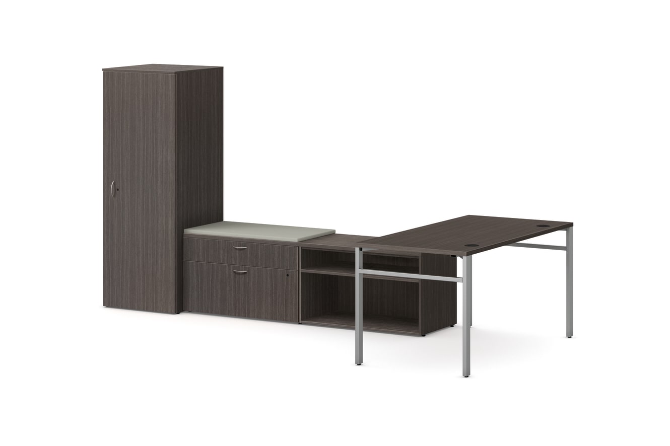 Mod L-Station Desk with Personal Storage Tower in Slate Teak with Silver Legs