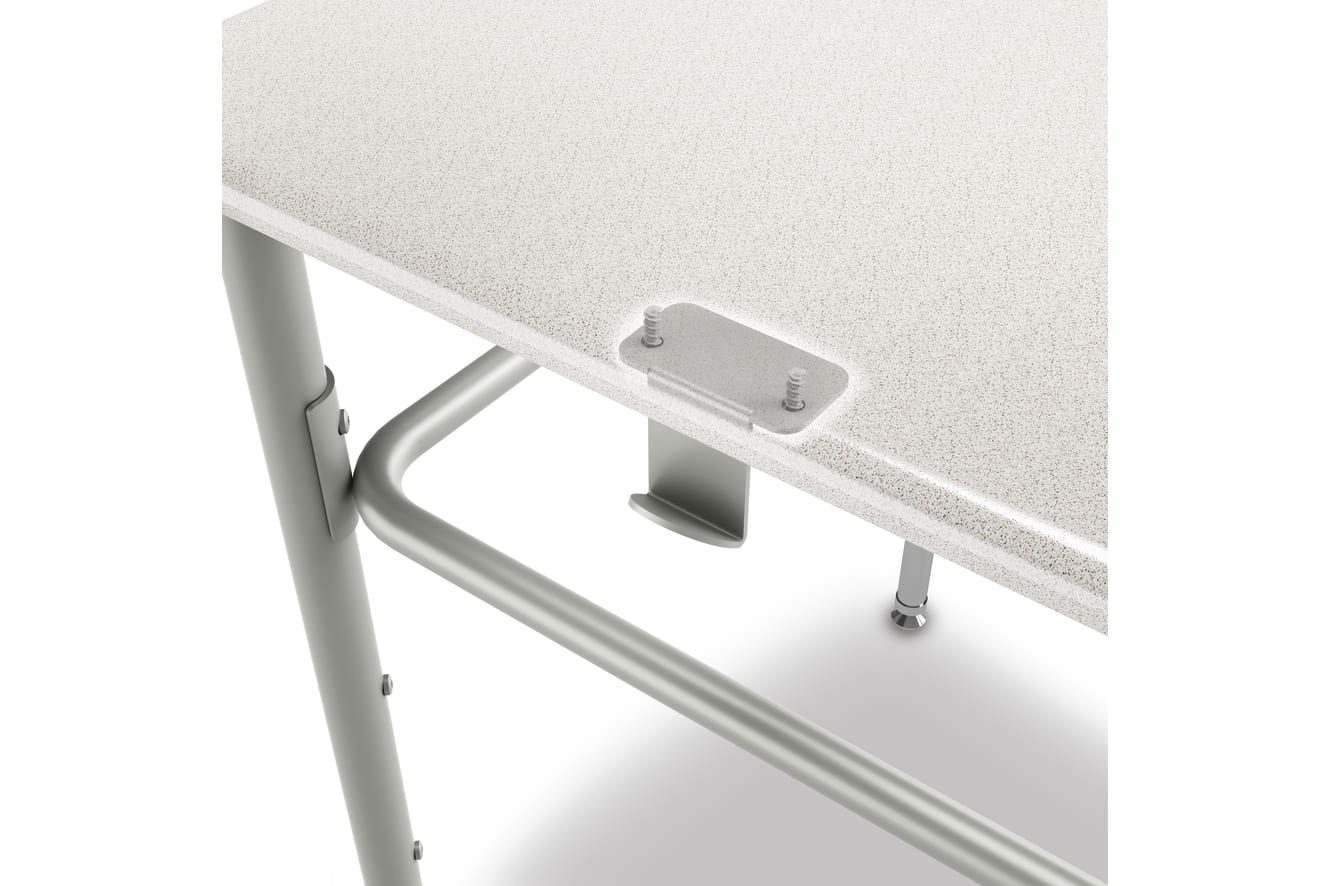 Detail image showing how the SmartLink Back Pach Hook connects to the underside of a SmartLink Student Desk