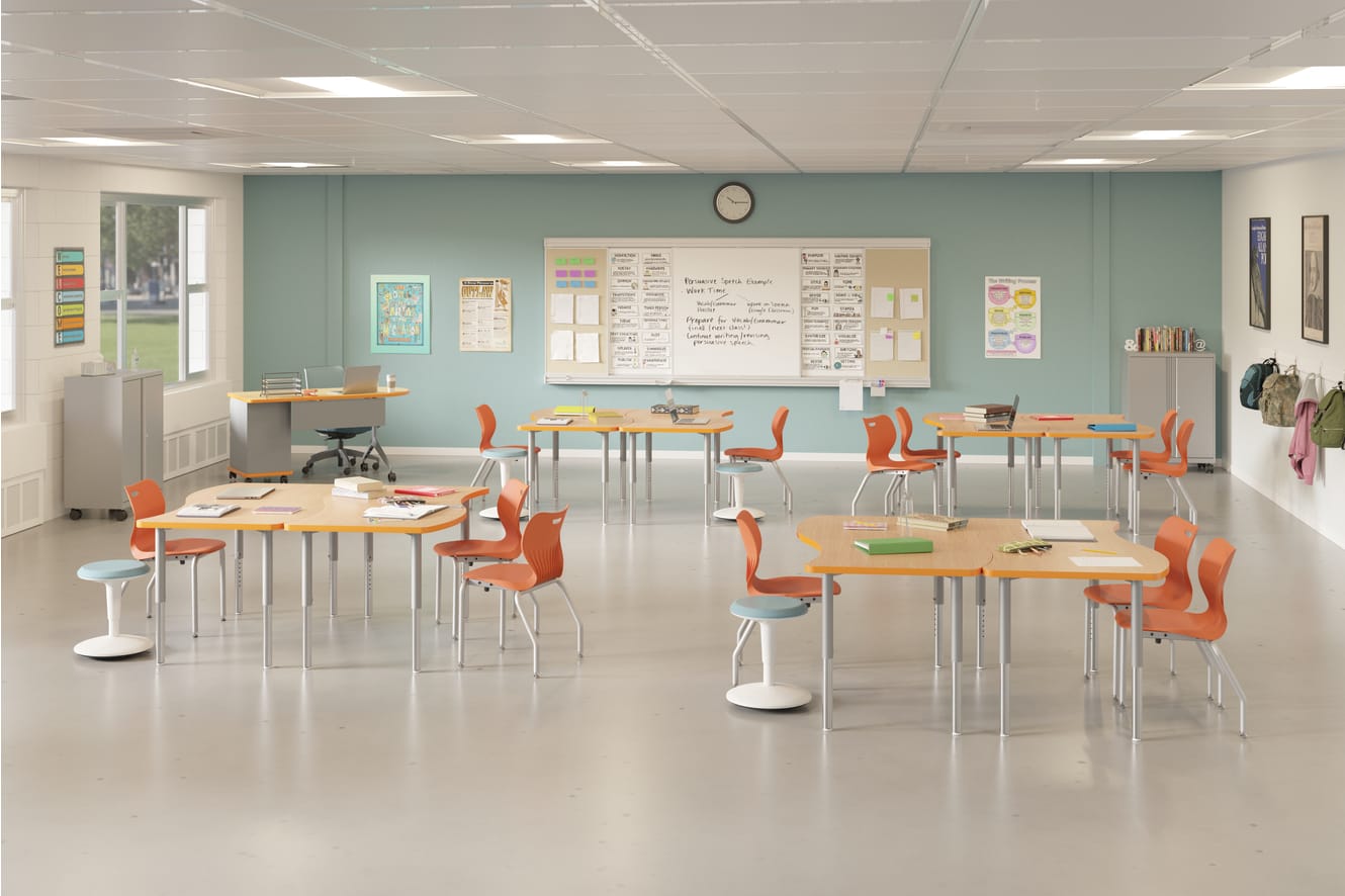 SmartLink Storage and Seating with Build Tables. Revel Fidget Stools.