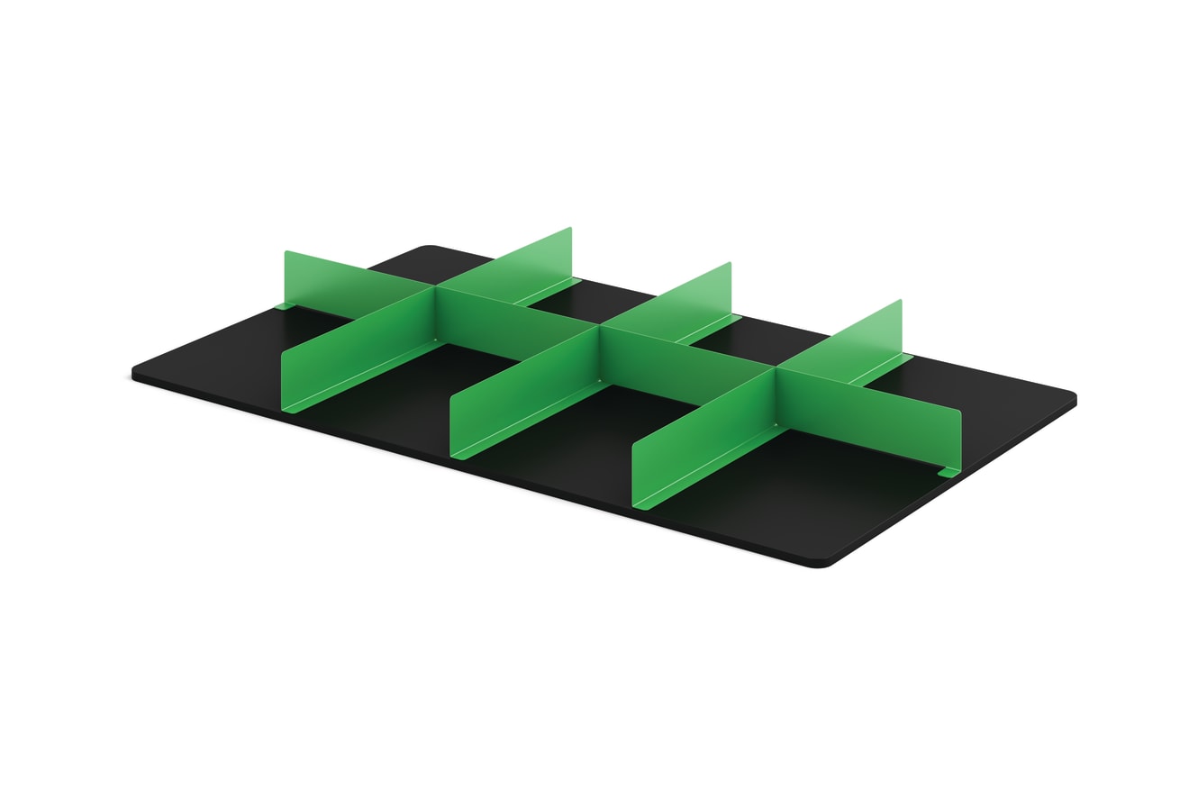 Left 3/4 View of Black Makerspace Table Shelf with Green Shelf Dividers