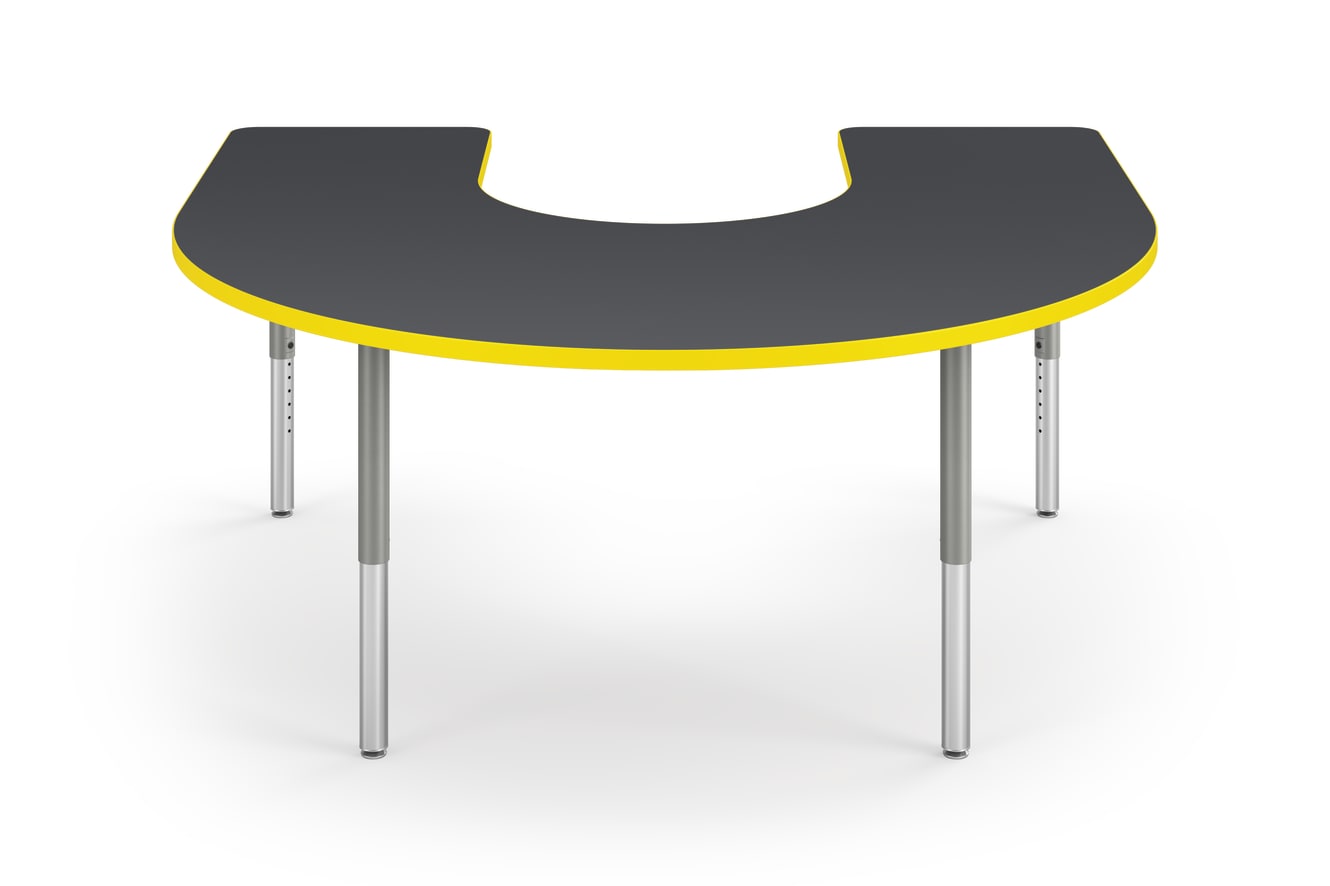 Front View of Charcoal Horseshoe Build Table with Yellow Edge Band