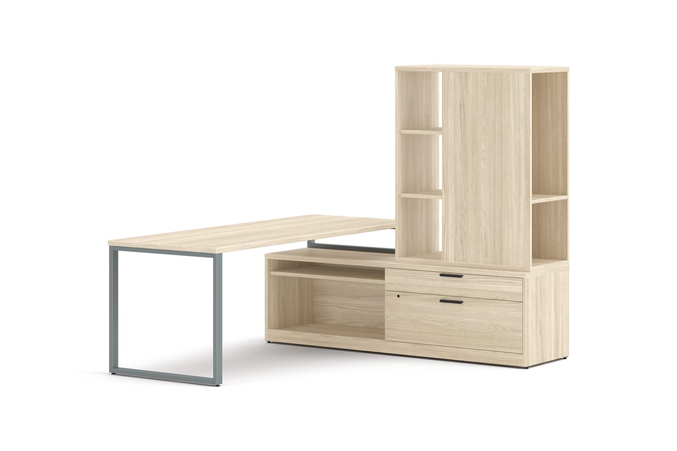 10500 Series L Station in Field Elm Laminate and O legs in Silver Paint.