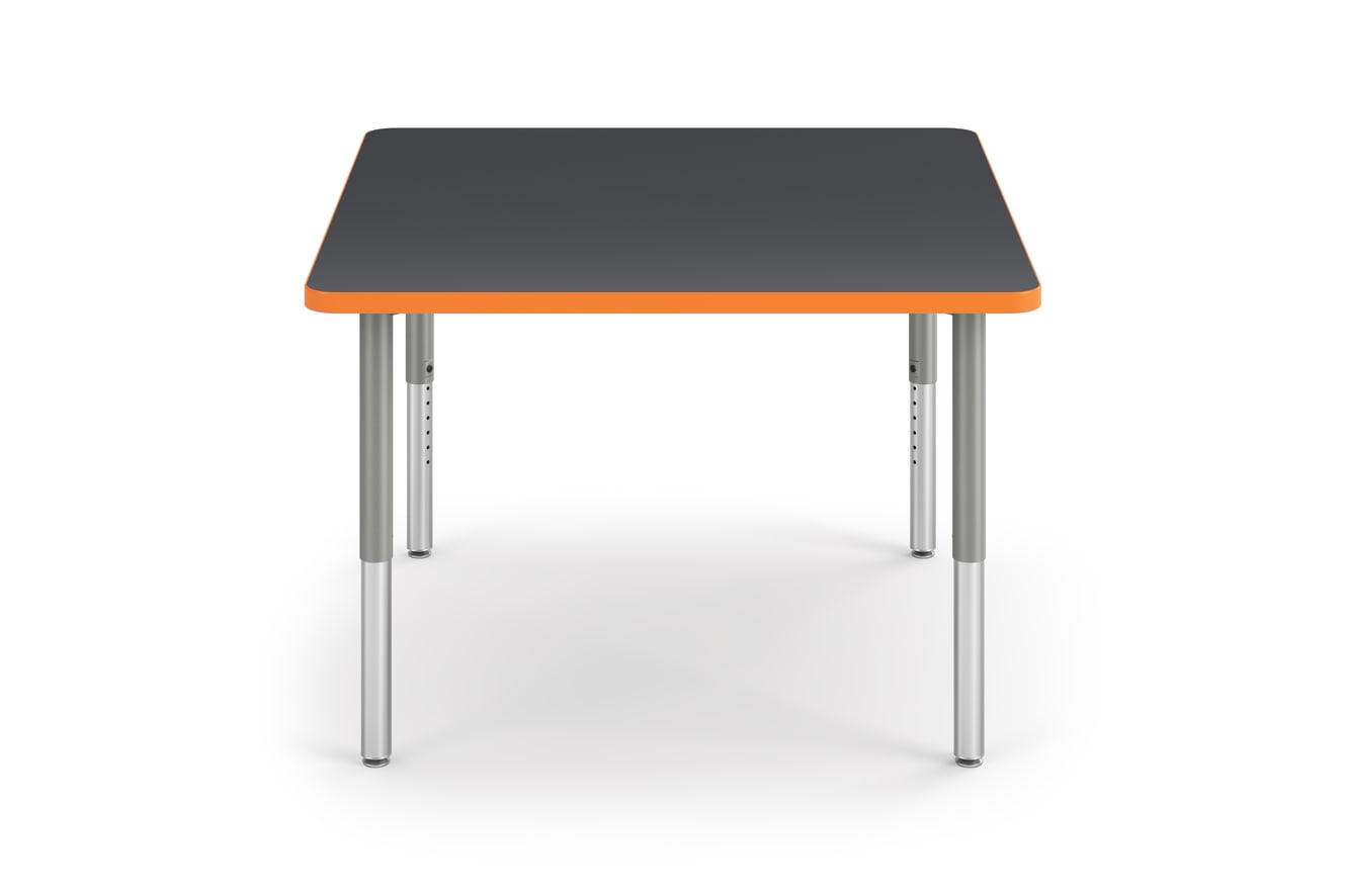 Front View of Charcoal Square Build Table with Orange Edge Band
