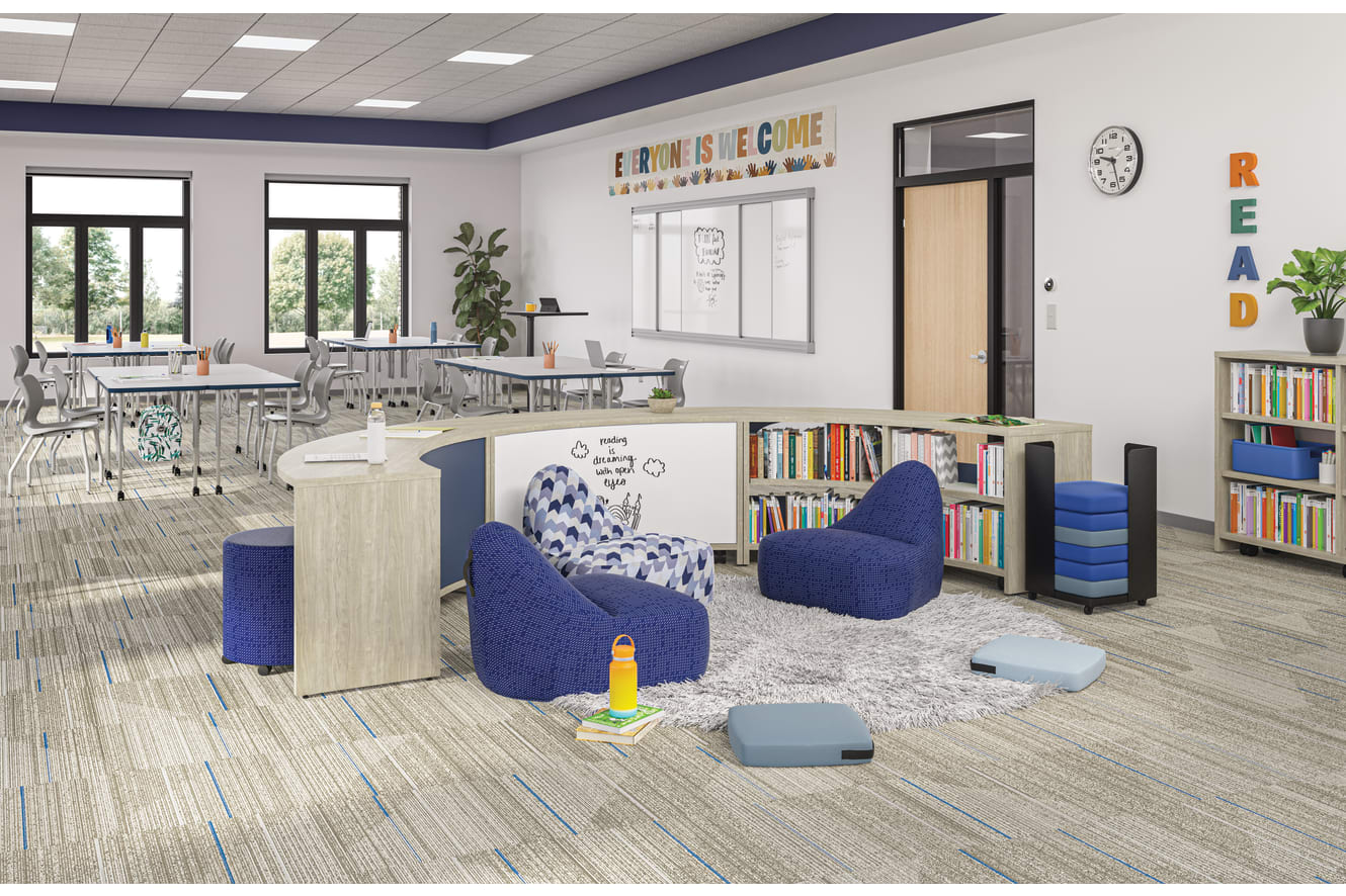 Classroom with Storyline nook featuring Confetti lounge chairs and floor cushions.