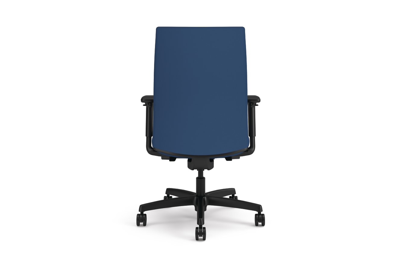 A blue HON Ignition 2.0 upholstered back task chair with black arms and black frame.