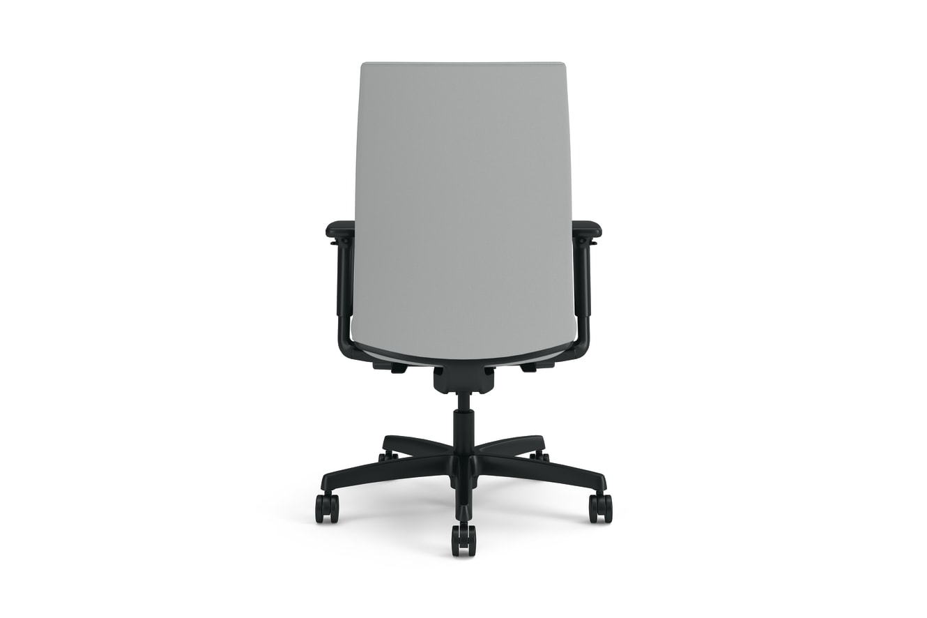 A gray HON Ignition 2.0 upholstered back task chair with black arms and black frame.