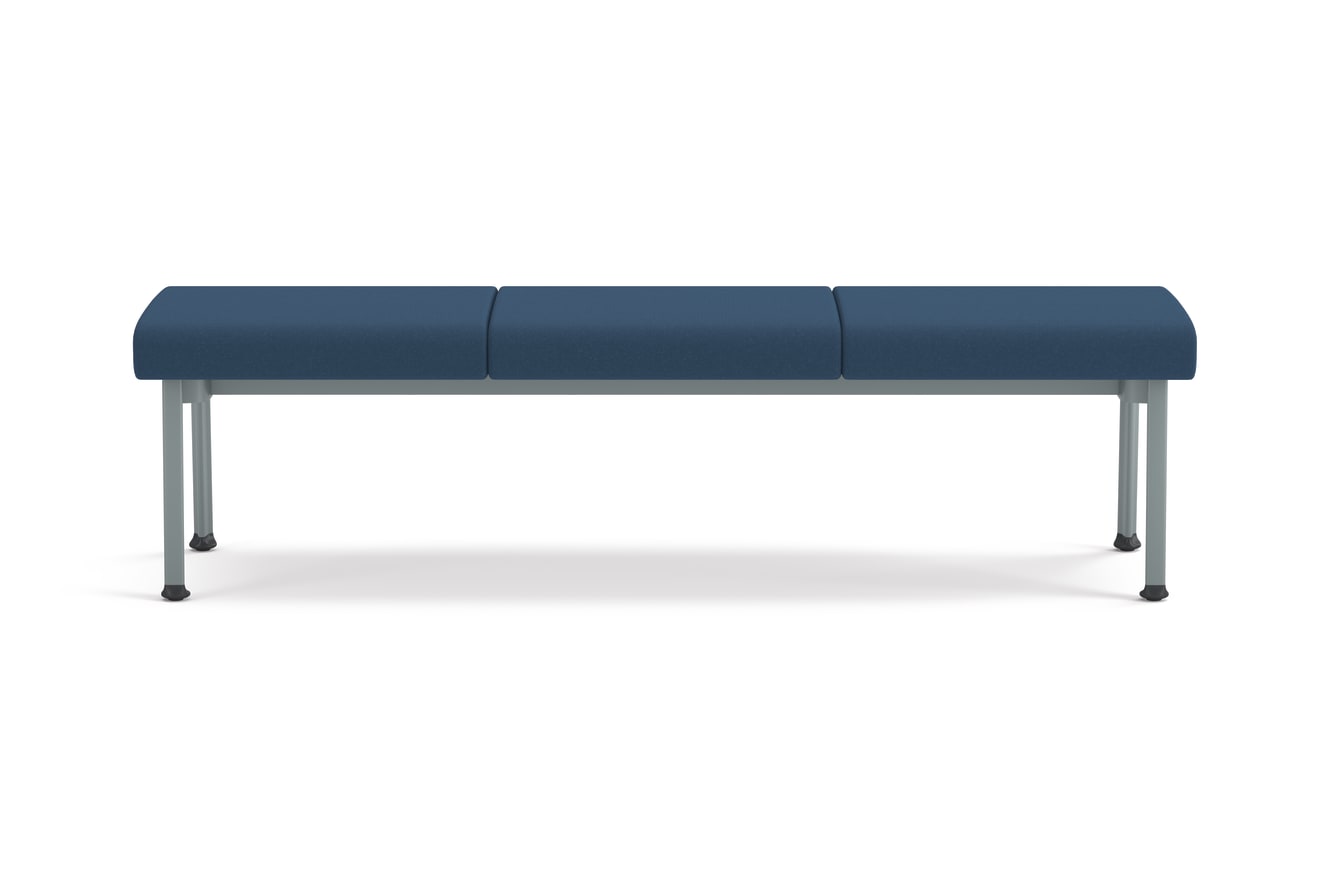 Modern Three-seat bench with blue upholstered cushions and metal legs, designed for waiting areas or collaborative spaces