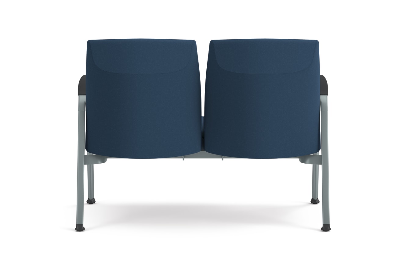Two-seat guest chair with blue textured cushions, metal frame, and integrated armrests, designed for modern office or waiting areas.