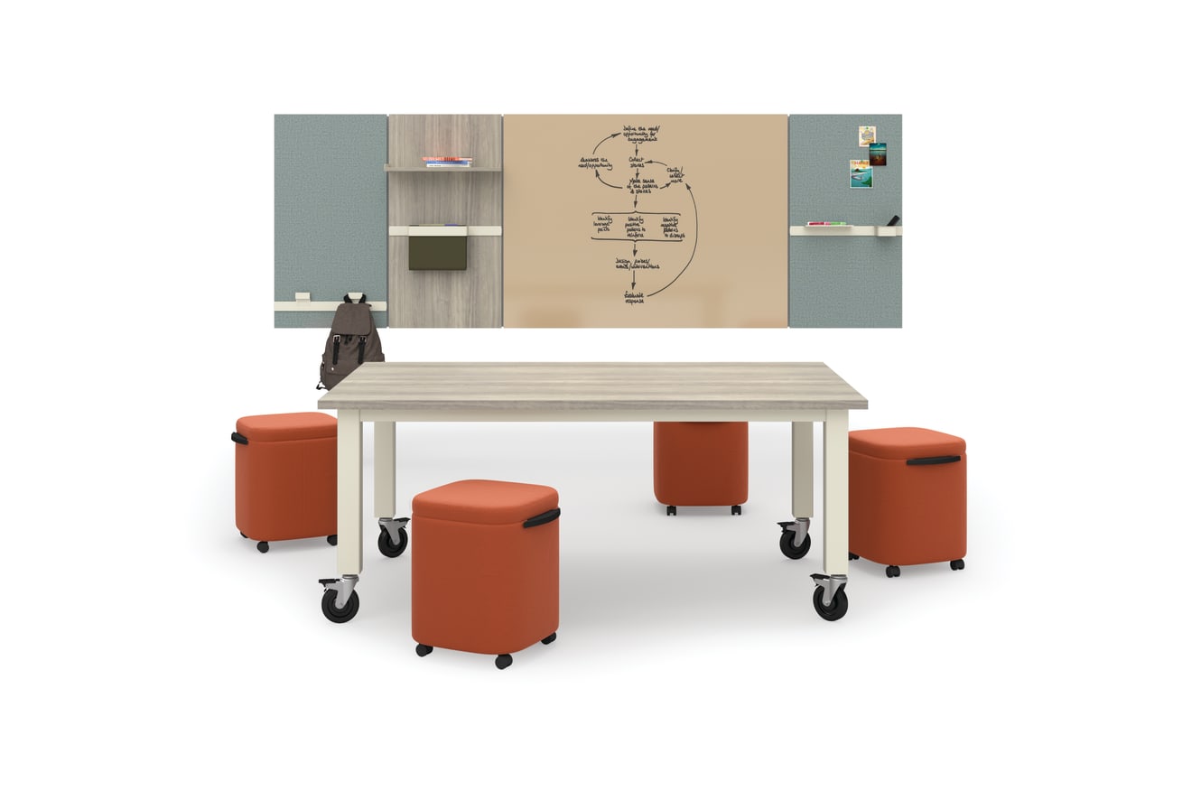 Preside Table with Astir poufs in open setting around Workwall tiles