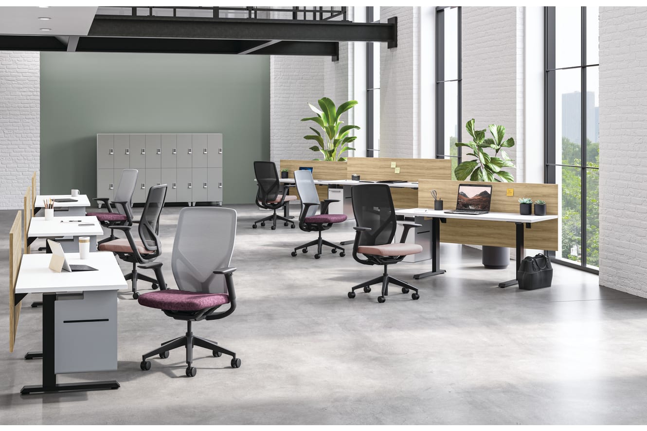 Touchdown workstations with Flexion task seating and Contain lockers in background.