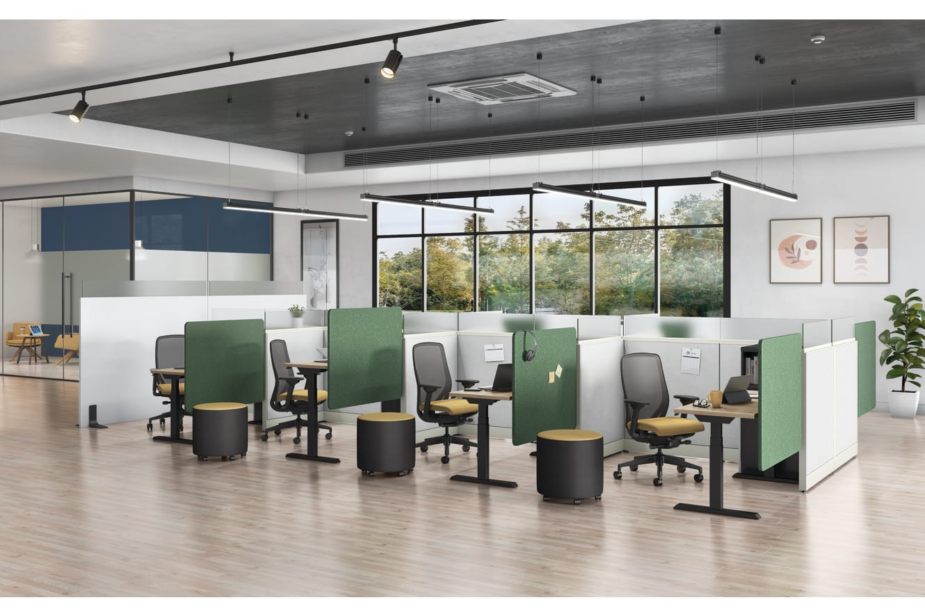 Universal Screens showed with Accelerate Panels, Contain Storage, Nucleus Task Chairs, and Flock Mini.
