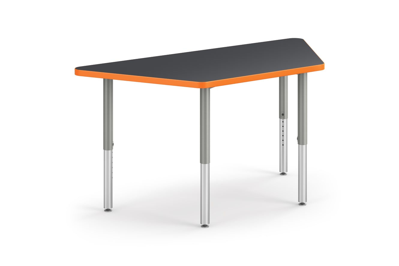 Right 3/4 View of Charcoal Trapezoid Build Table with Orange Edge Band