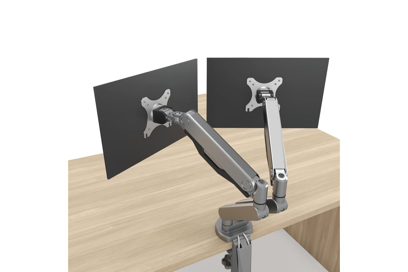 Dual monitor arm with monitors